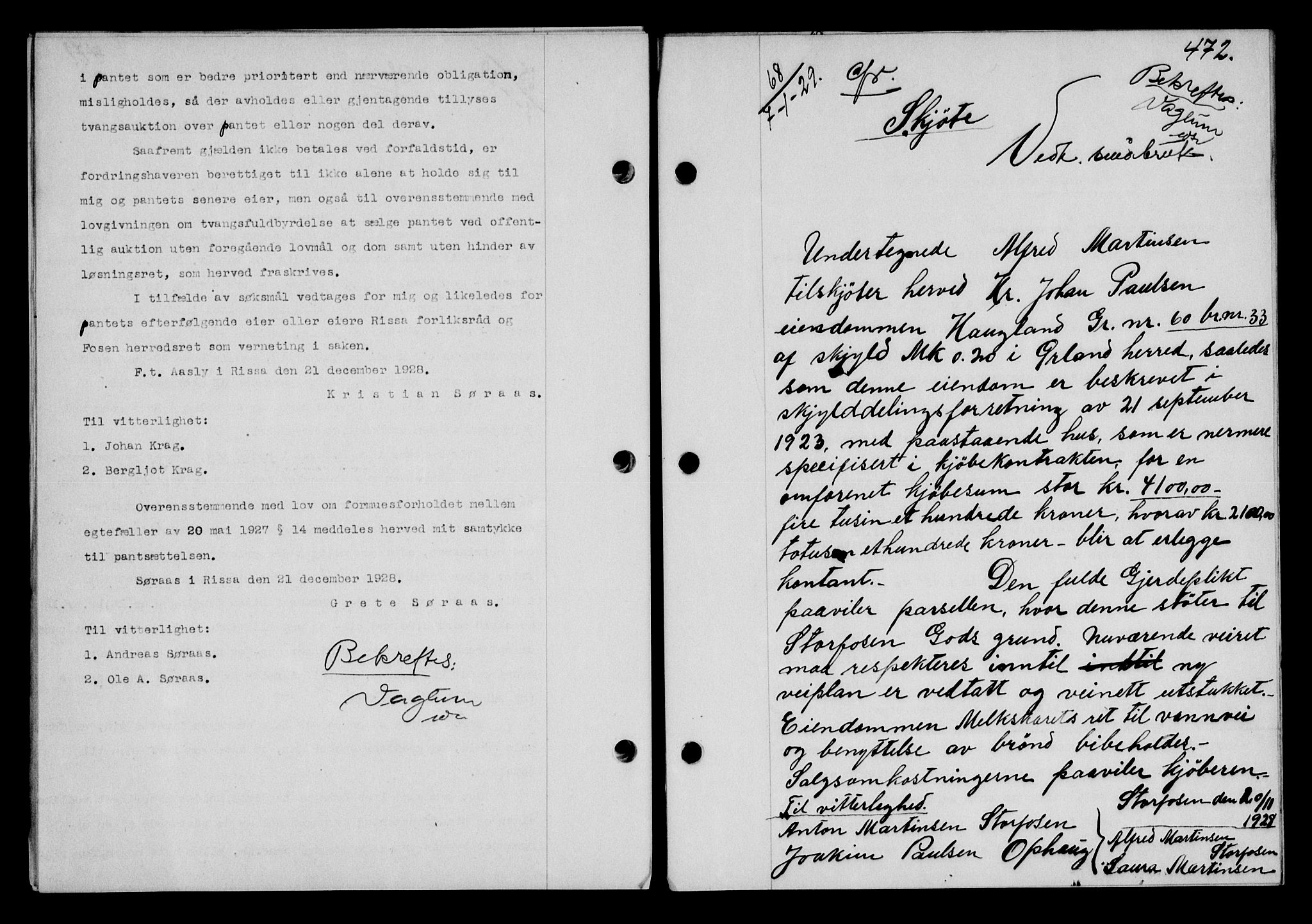 Fosen sorenskriveri, AV/SAT-A-1107/1/2/2C/L0067: Pantebok nr. 58, 1928-1929, s. 472, Tingl.dato: 07.01.1929