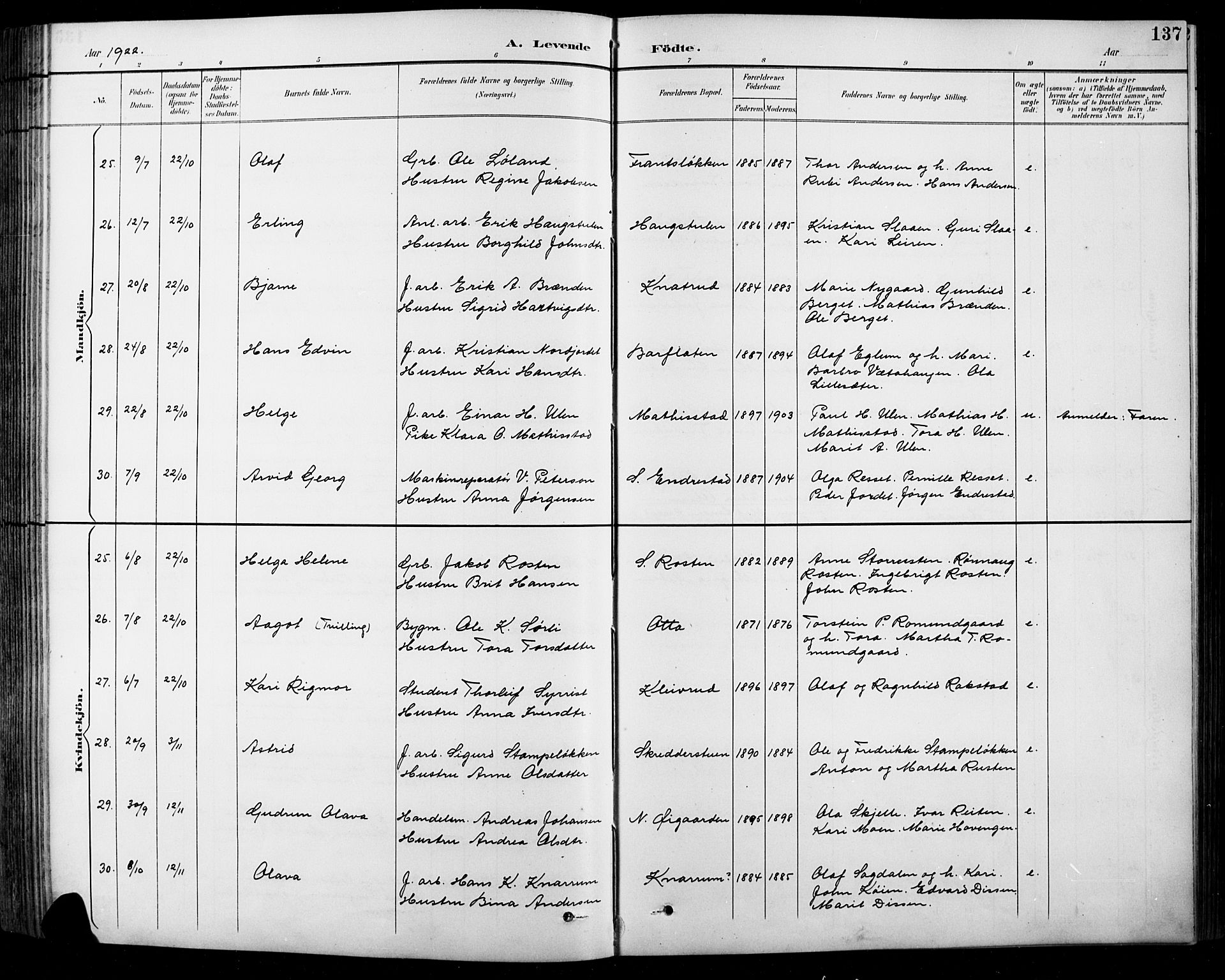 Sel prestekontor, AV/SAH-PREST-074/H/Ha/Hab/L0001: Klokkerbok nr. 1, 1894-1923, s. 137