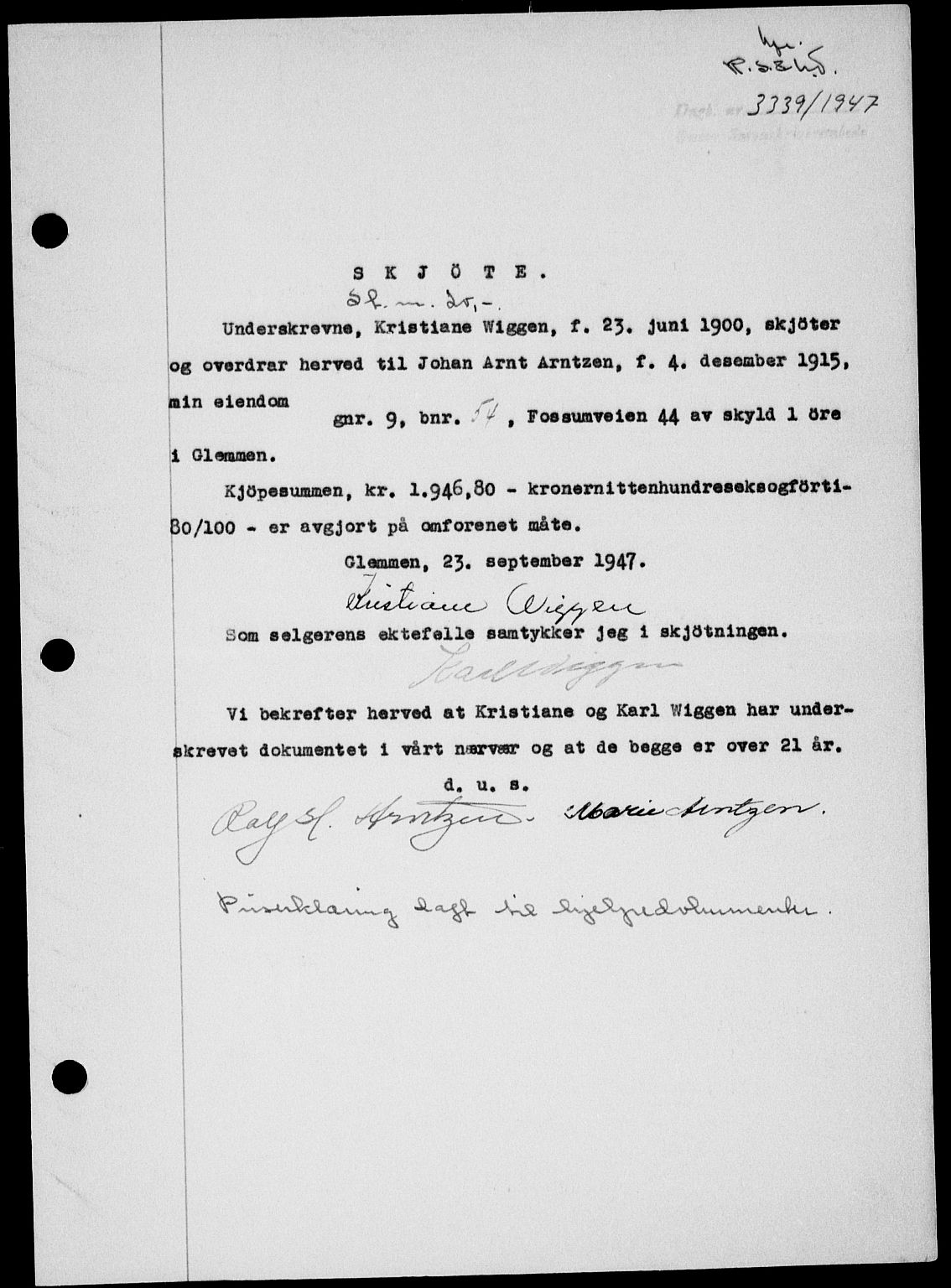 Onsøy sorenskriveri, SAO/A-10474/G/Ga/Gab/L0022: Pantebok nr. II A-22, 1947-1948, Dagboknr: 3339/1947