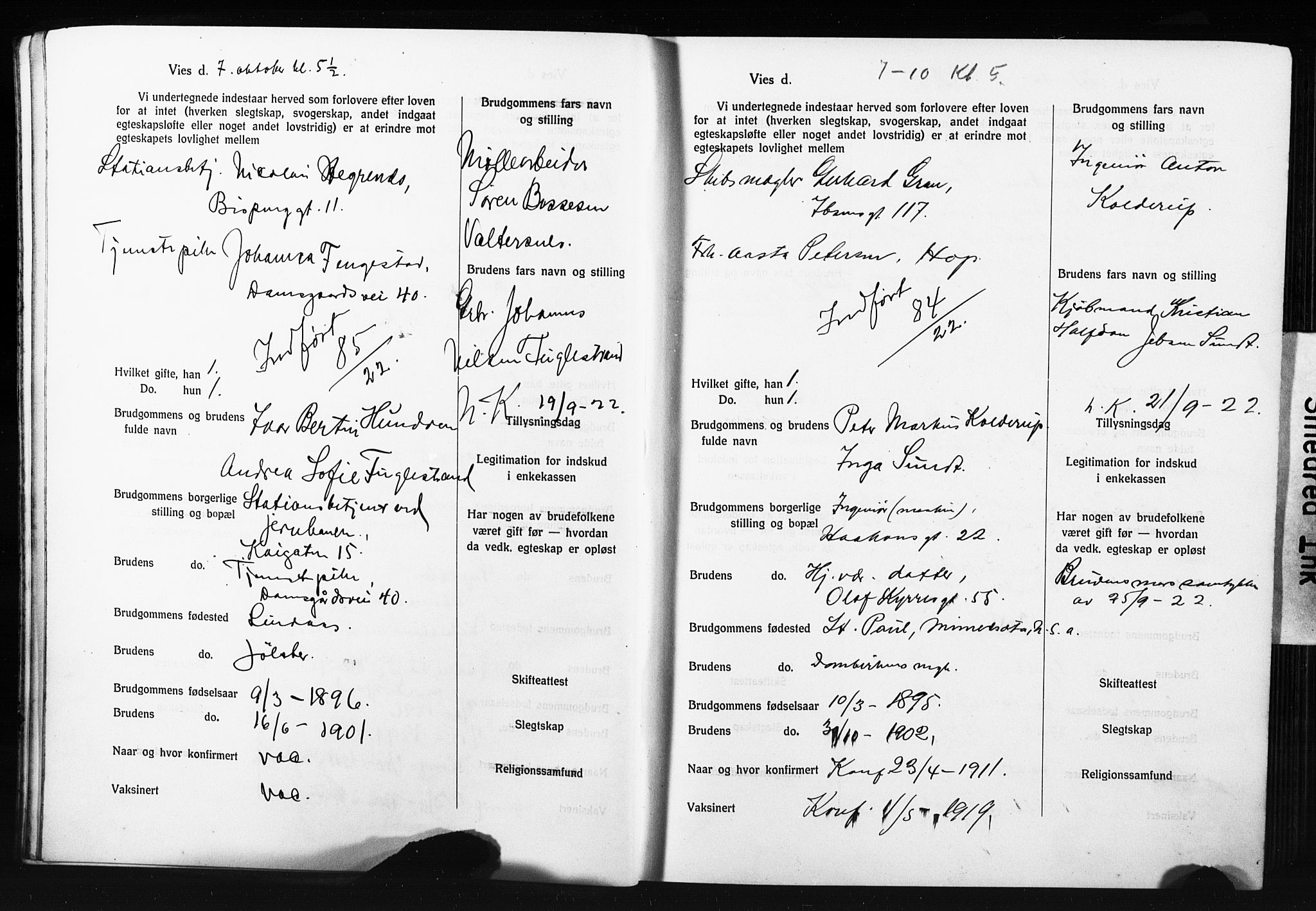 Domkirken sokneprestembete, AV/SAB-A-74801: Forlovererklæringer nr. II.5.14, 1922-1927, s. 13