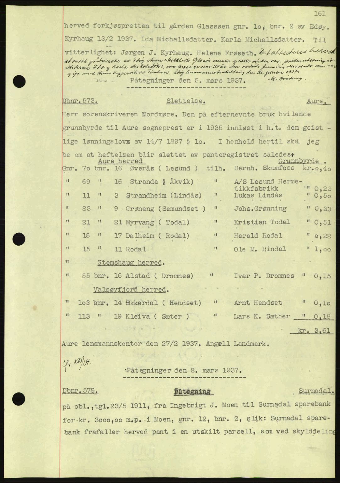 Nordmøre sorenskriveri, AV/SAT-A-4132/1/2/2Ca: Pantebok nr. C80, 1936-1939, Dagboknr: 573/1937