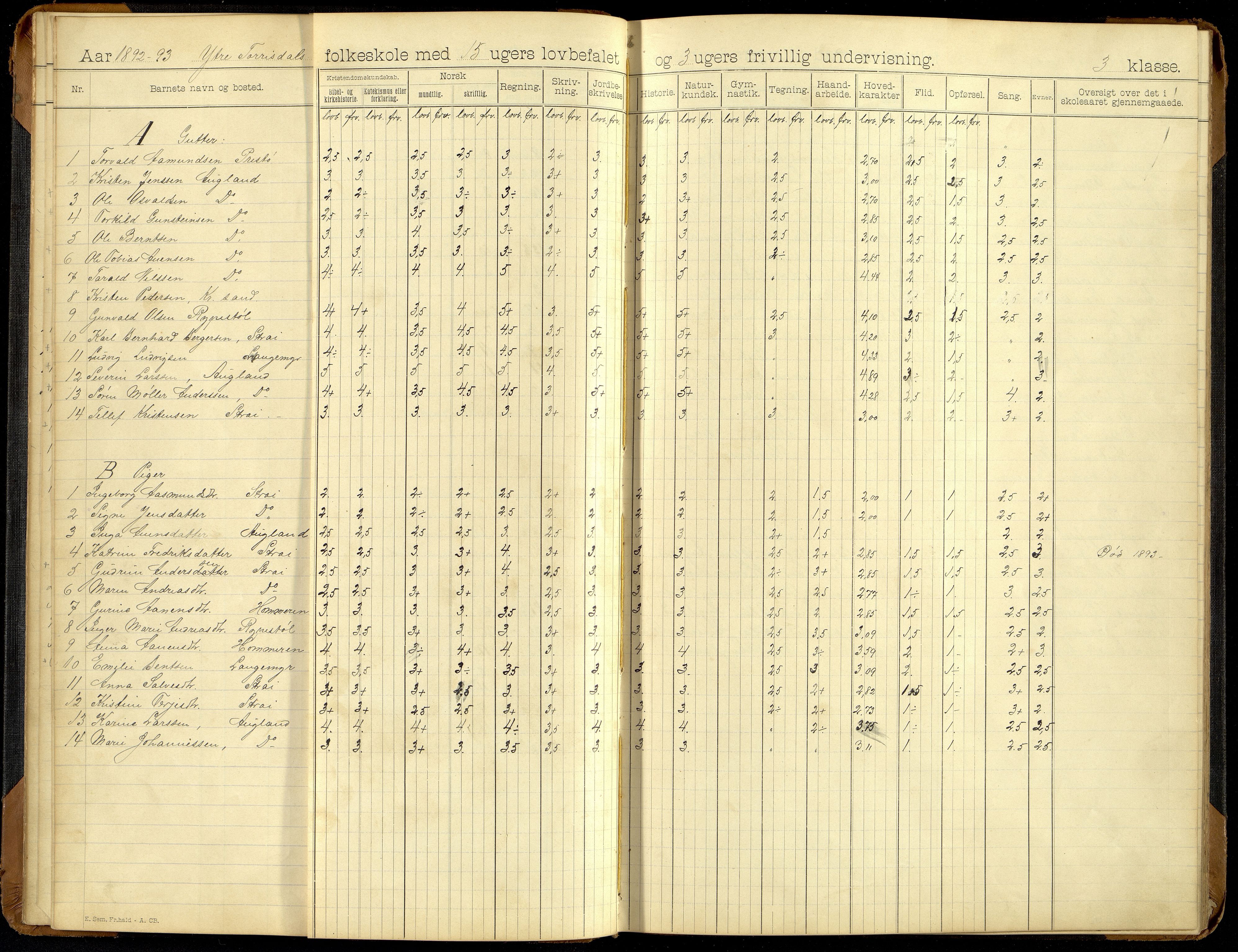 Oddernes kommune - Ytre Torridal skolekrets, ARKSOR/1001OD555/H/L0002: Skoleprotokoll (d), 1891-1902