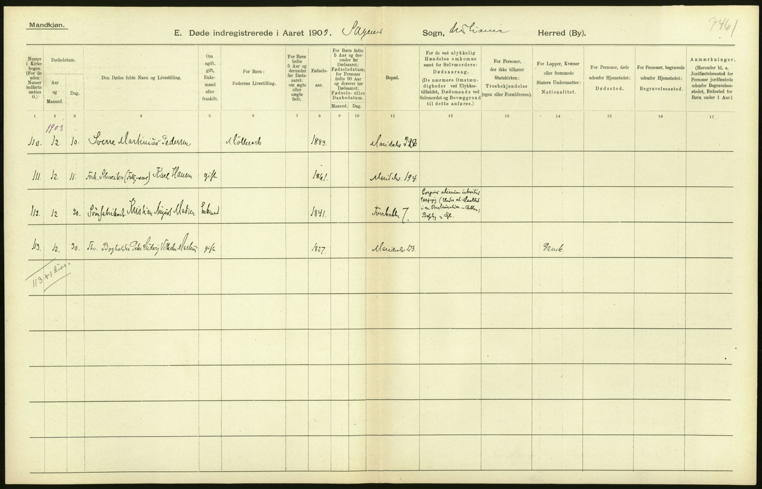 Statistisk sentralbyrå, Sosiodemografiske emner, Befolkning, AV/RA-S-2228/D/Df/Dfa/Dfaa/L0004: Kristiania: Gifte, døde, 1903, s. 76