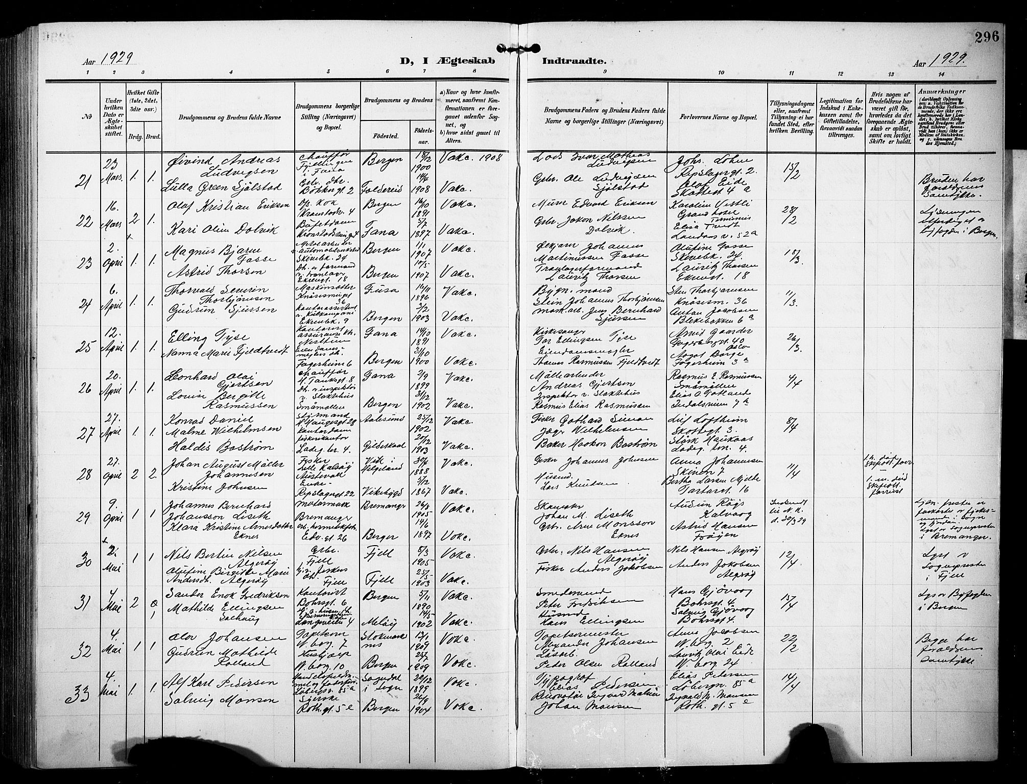 Sandviken Sokneprestembete, AV/SAB-A-77601/H/Hb/L0014: Klokkerbok nr. D 1, 1902-1929, s. 296