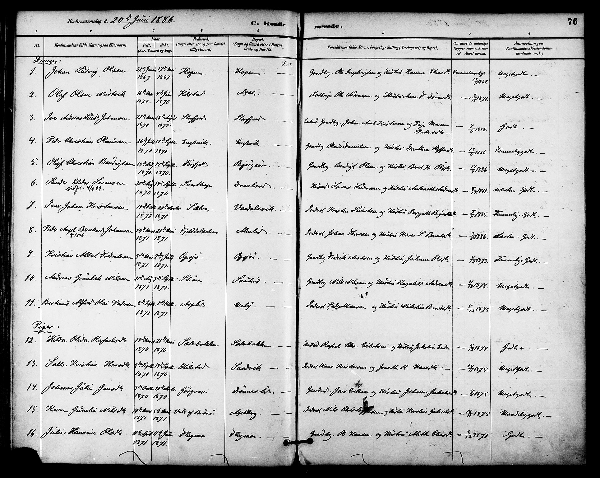 Ministerialprotokoller, klokkerbøker og fødselsregistre - Nordland, SAT/A-1459/814/L0226: Ministerialbok nr. 814A07, 1886-1898, s. 76