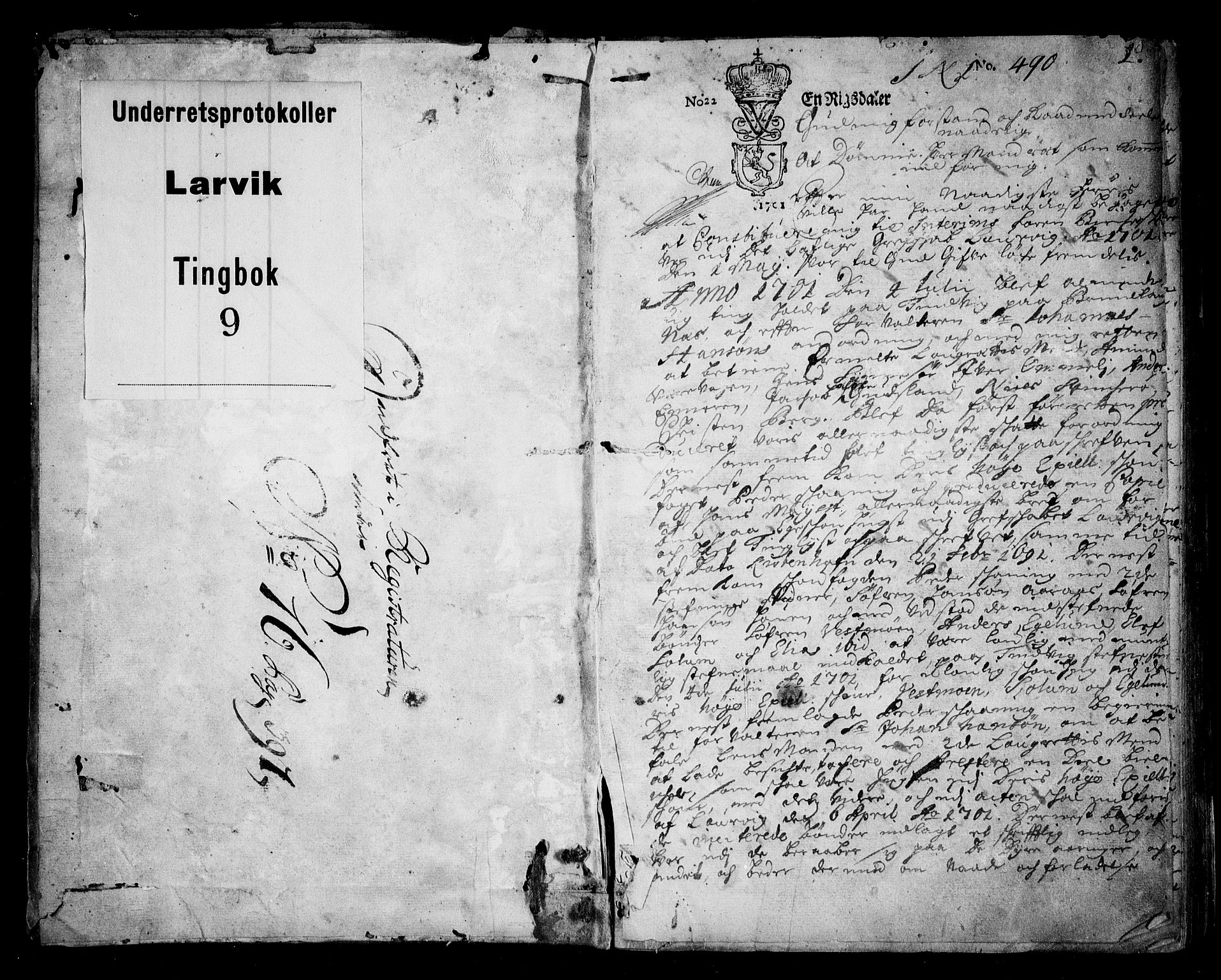 Larvik sorenskriveri, SAKO/A-83/F/Fa/L0009: Tingbok, 1701-1703, s. 1