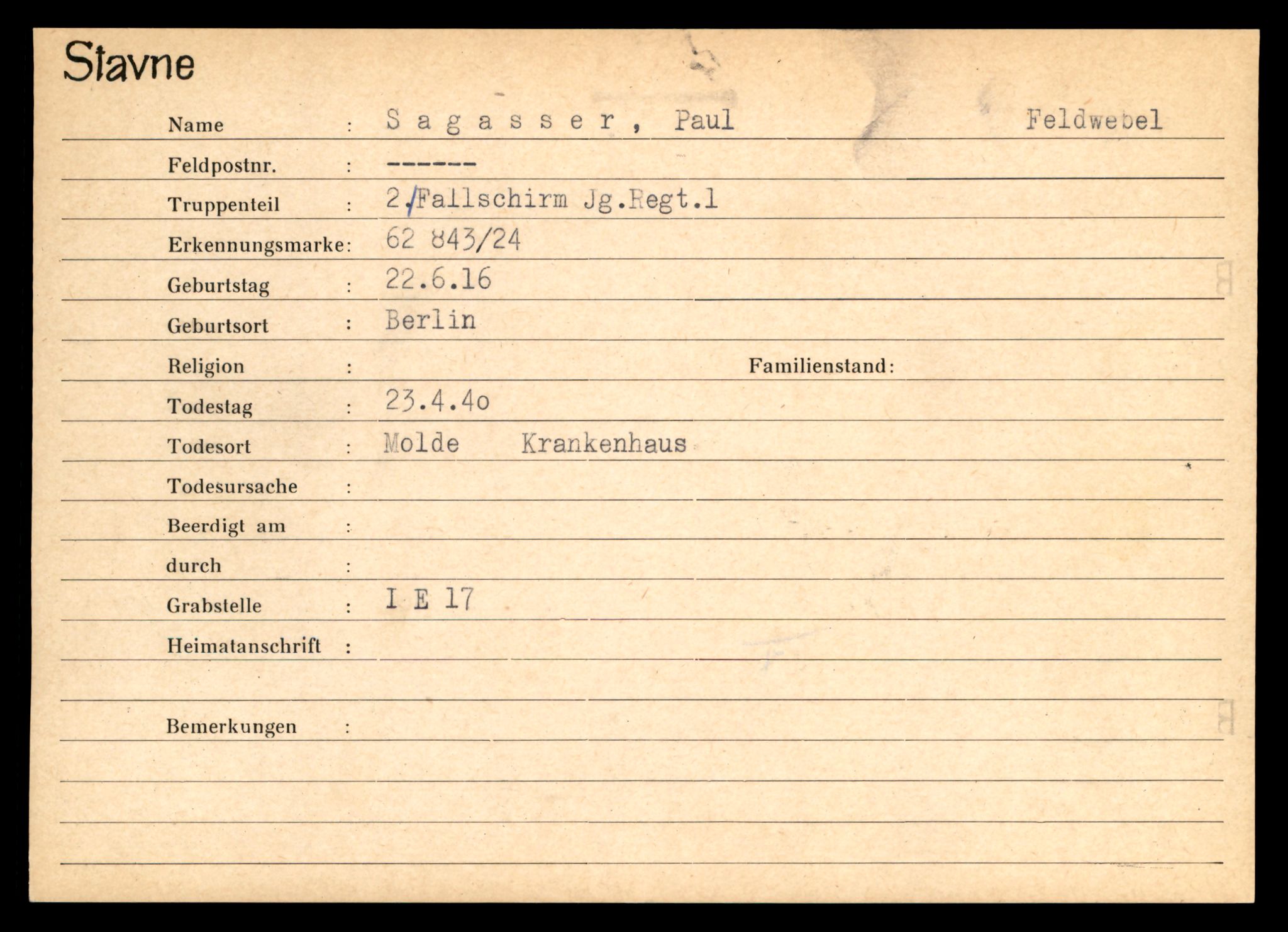 Distriktskontoret for krigsgraver, AV/SAT-A-5030/E/L0003: Kasett/kartotek over tysk Krigskirkegård Stavne, 1945, s. 1179