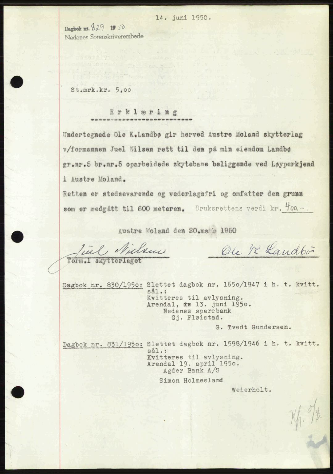 Nedenes sorenskriveri, AV/SAK-1221-0006/G/Gb/Gba/L0062: Pantebok nr. A14, 1949-1950, Dagboknr: 829/1950