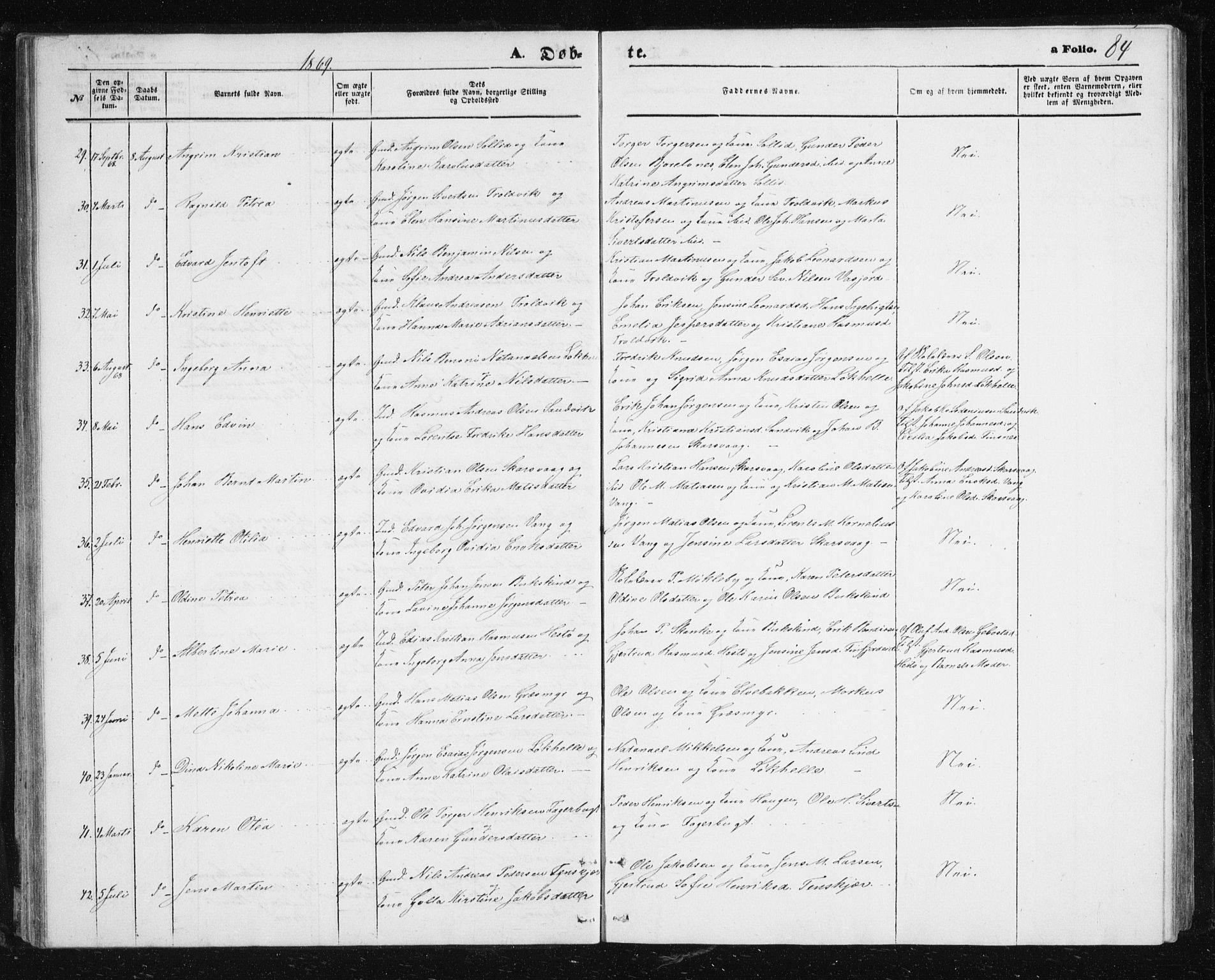 Lenvik sokneprestembete, AV/SATØ-S-1310/H/Ha/Hab/L0004klokker: Klokkerbok nr. 4, 1859-1869, s. 84