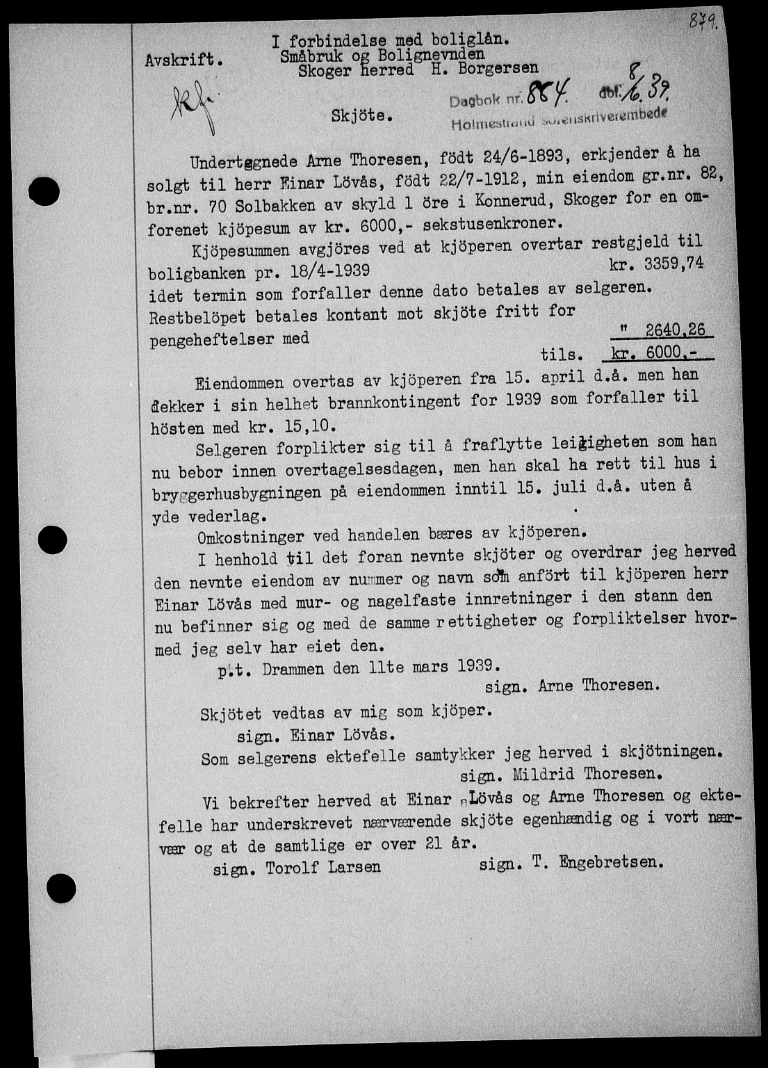 Holmestrand sorenskriveri, SAKO/A-67/G/Ga/Gaa/L0050: Pantebok nr. A-50, 1938-1939, Dagboknr: 884/1939