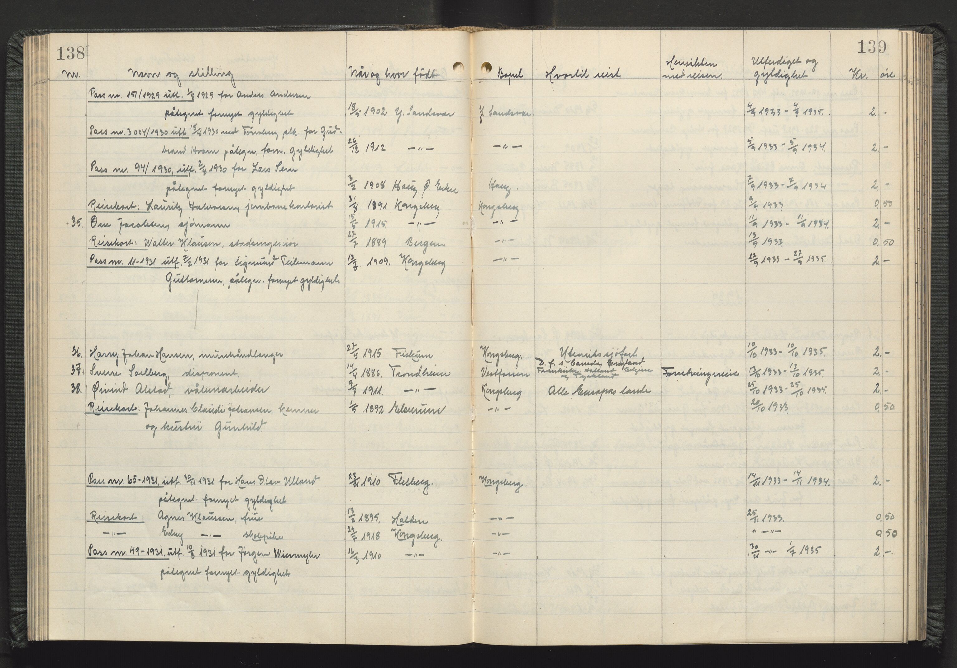 Kongsberg politikammer, AV/SAKO-A-624/I/Ib/Iba/L0004: Passprotokoll, 1927-1946, s. 138-139
