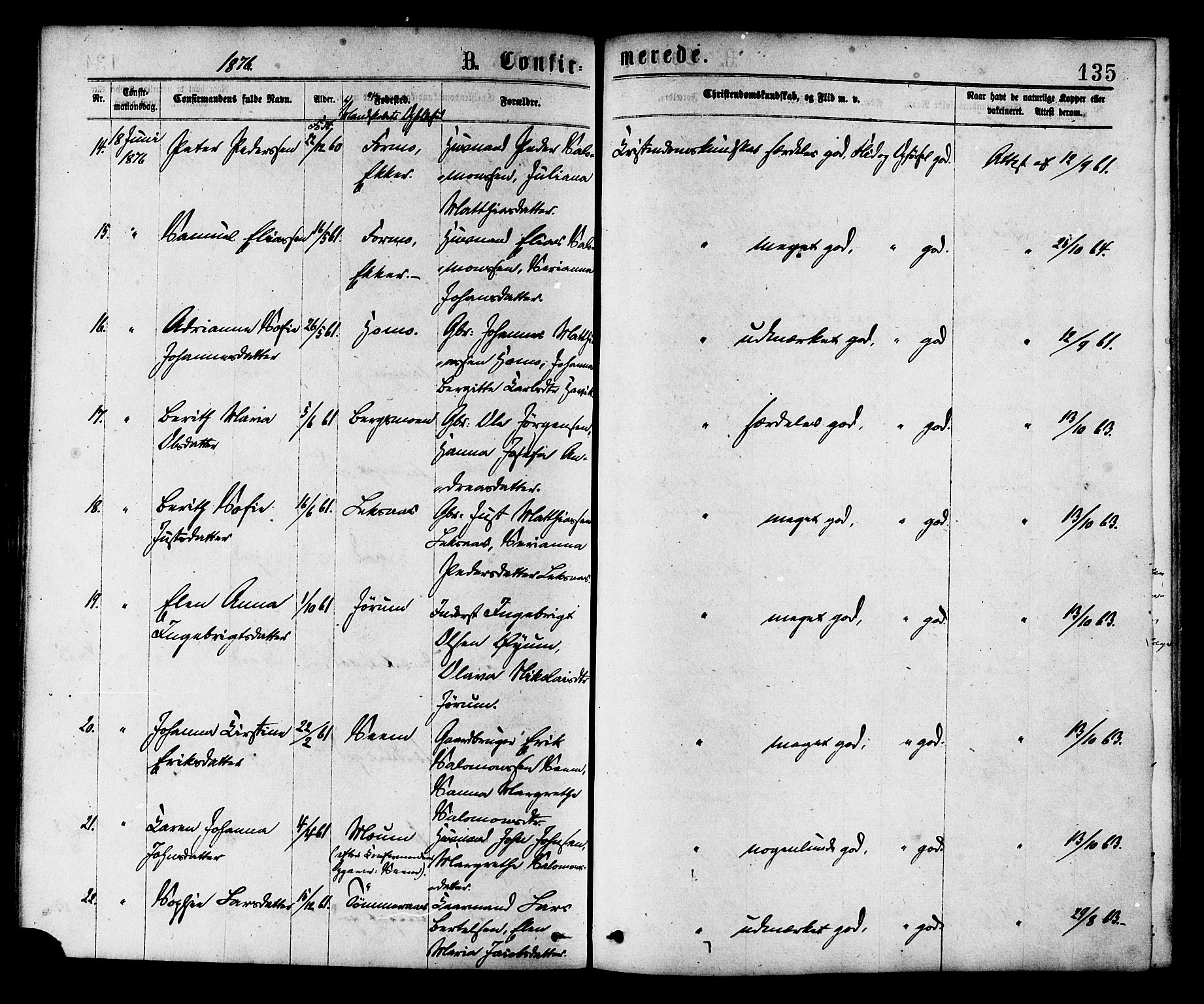 Ministerialprotokoller, klokkerbøker og fødselsregistre - Nord-Trøndelag, AV/SAT-A-1458/758/L0516: Ministerialbok nr. 758A03 /1, 1869-1879, s. 135