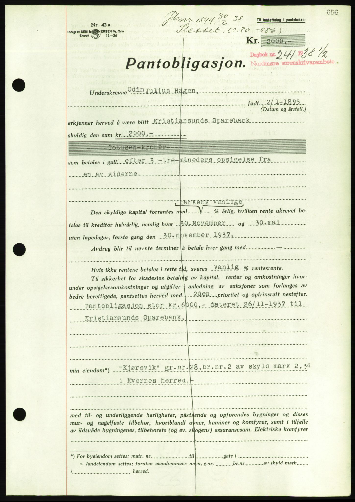 Nordmøre sorenskriveri, AV/SAT-A-4132/1/2/2Ca/L0092: Pantebok nr. B82, 1937-1938, Dagboknr: 241/1938