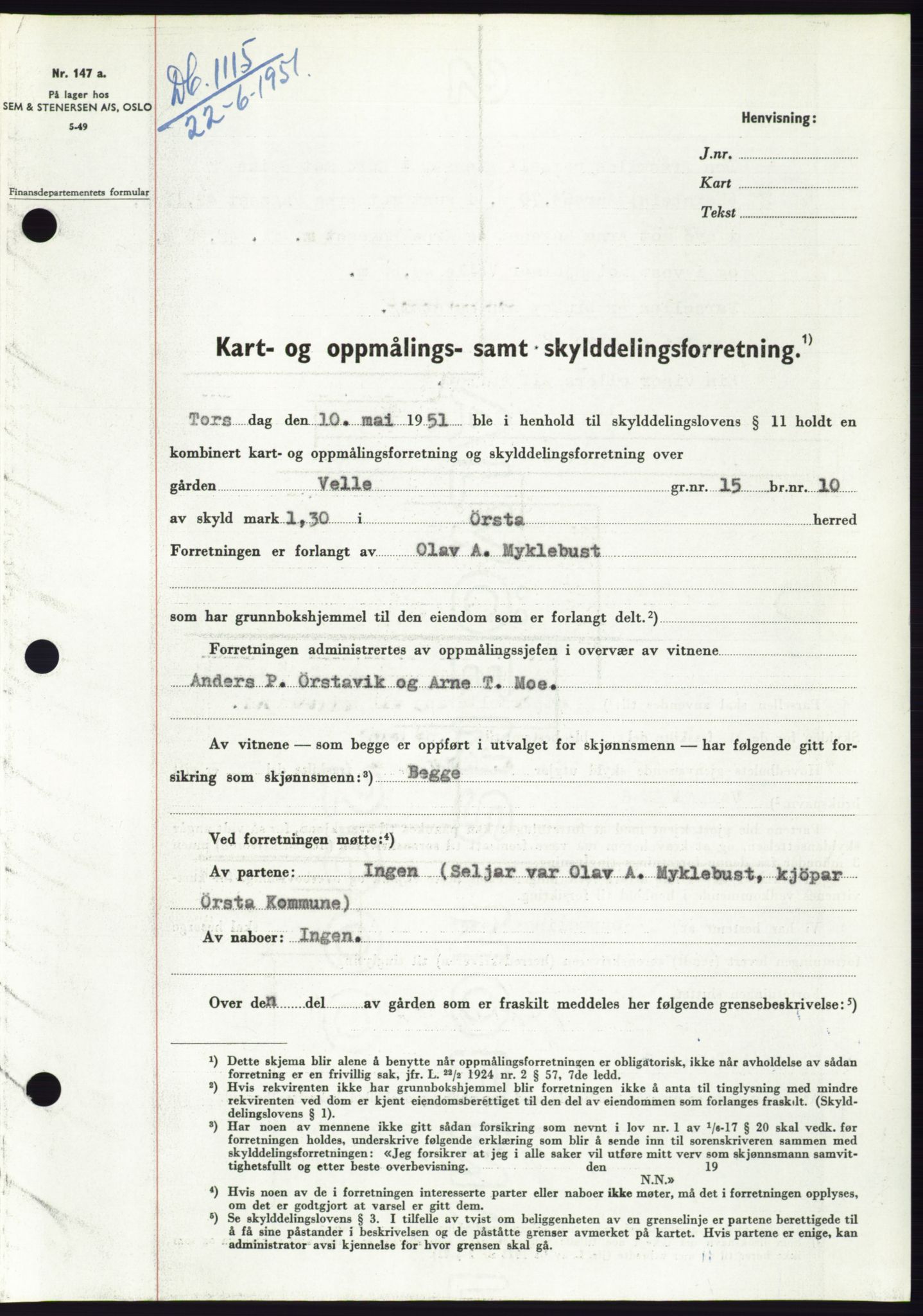 Søre Sunnmøre sorenskriveri, SAT/A-4122/1/2/2C/L0089: Pantebok nr. 15A, 1951-1951, Dagboknr: 1115/1951