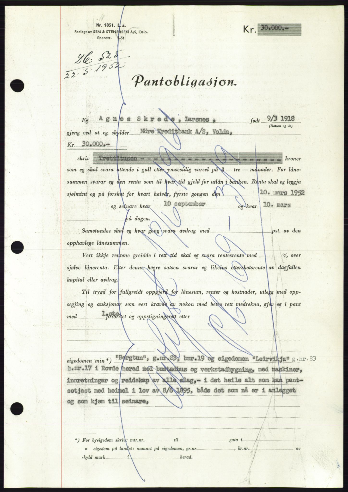 Søre Sunnmøre sorenskriveri, AV/SAT-A-4122/1/2/2C/L0121: Pantebok nr. 9B, 1951-1952, Dagboknr: 520/1952