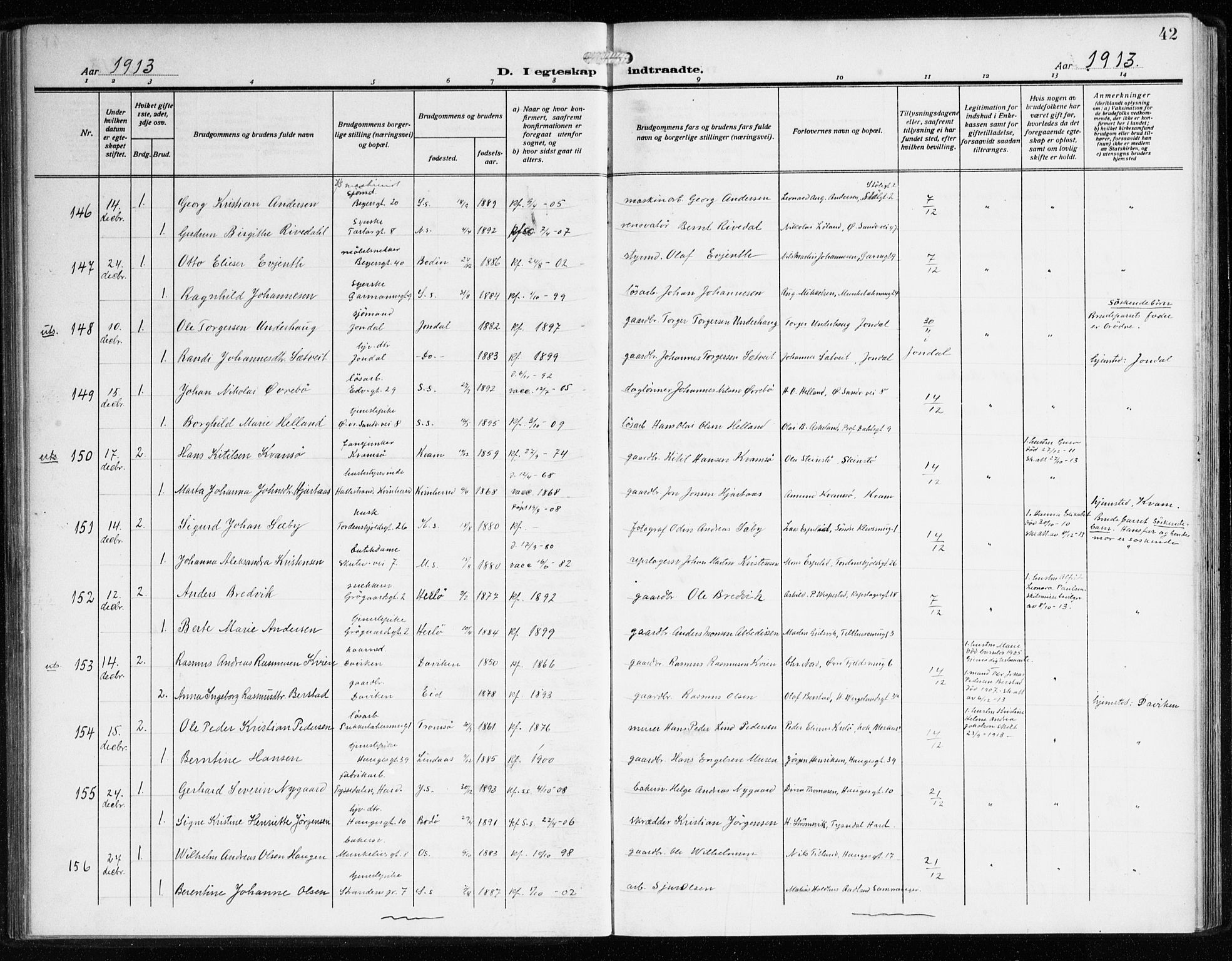 Sandviken Sokneprestembete, AV/SAB-A-77601/H/Ha/L0015: Ministerialbok nr. D 2, 1911-1923, s. 42