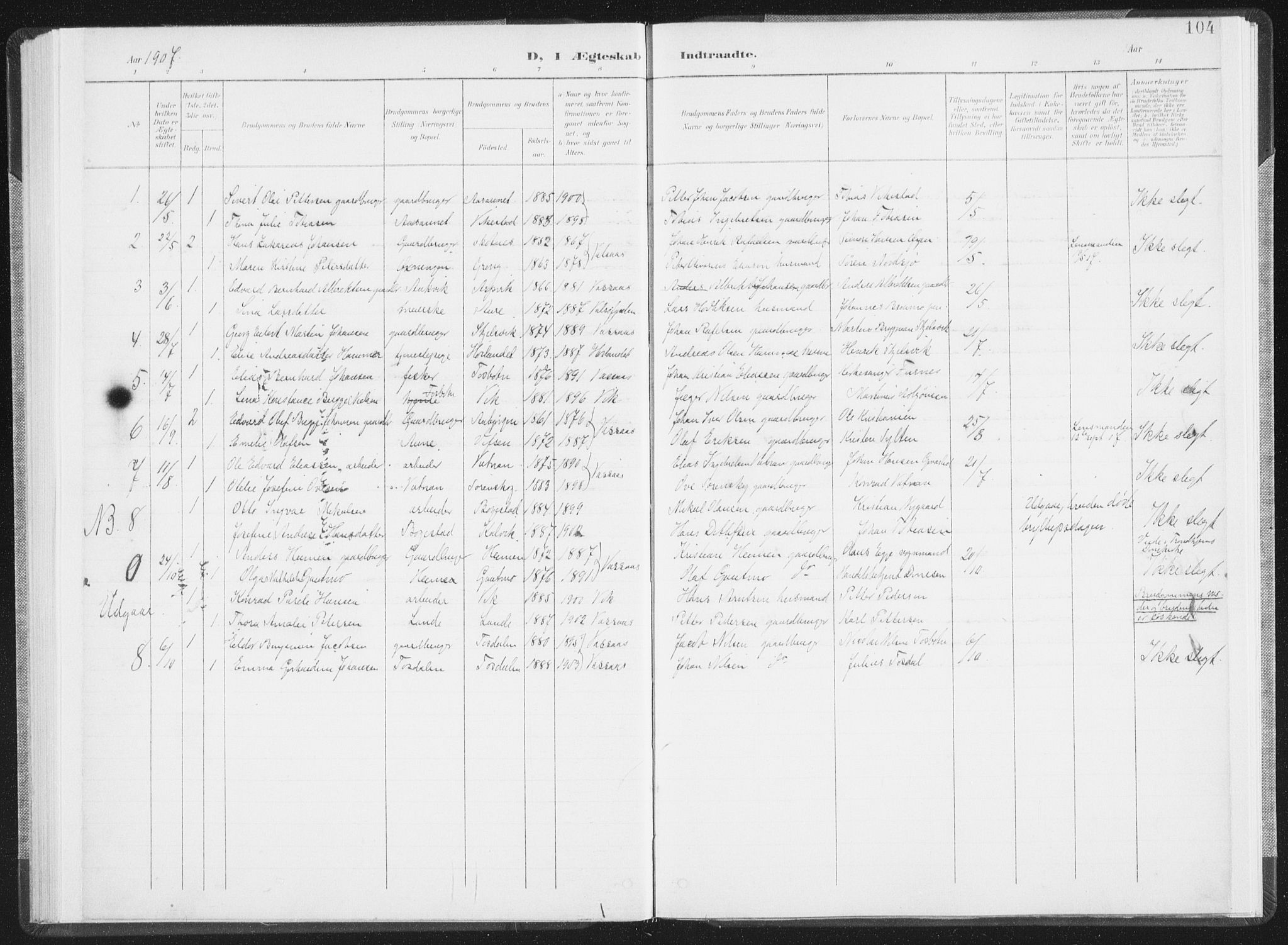 Ministerialprotokoller, klokkerbøker og fødselsregistre - Nordland, SAT/A-1459/810/L0153: Ministerialbok nr. 810A12, 1899-1914, s. 104