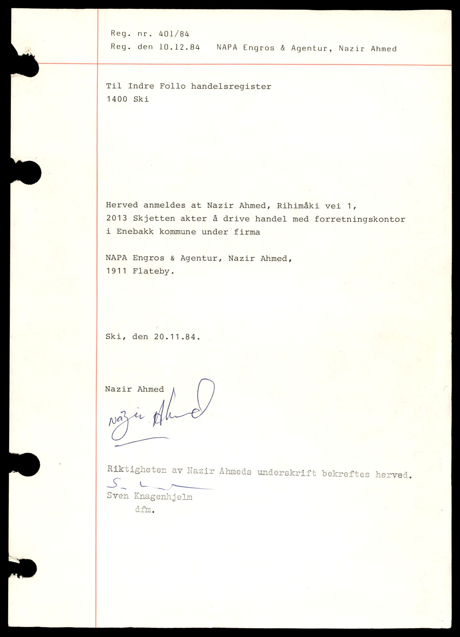 Indre Follo tingrett, AV/SAT-A-10086/K/Ka/Kab/L0002: Enkeltmannsforetak, N - Å, 1944-1990, s. 1