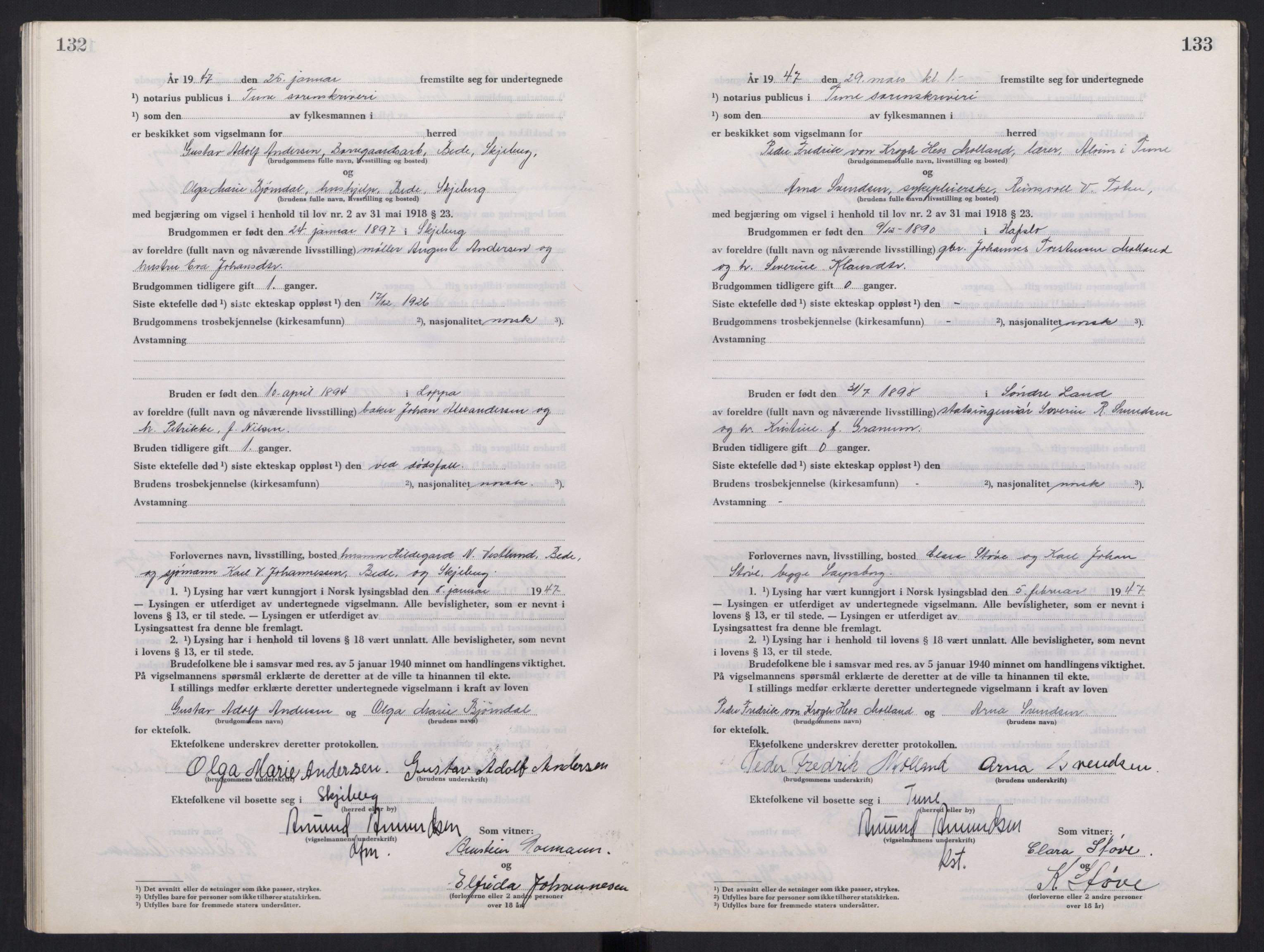 Tune sorenskriveri, AV/SAO-A-10470/L/Lb/L0003: Vigselprotokoll, 1944-1951, s. 132-133