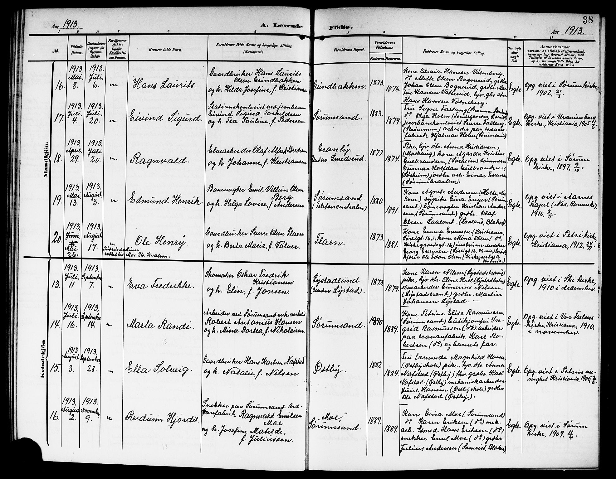 Sørum prestekontor Kirkebøker, SAO/A-10303/G/Ga/L0007: Klokkerbok nr. I 7, 1907-1917, s. 38