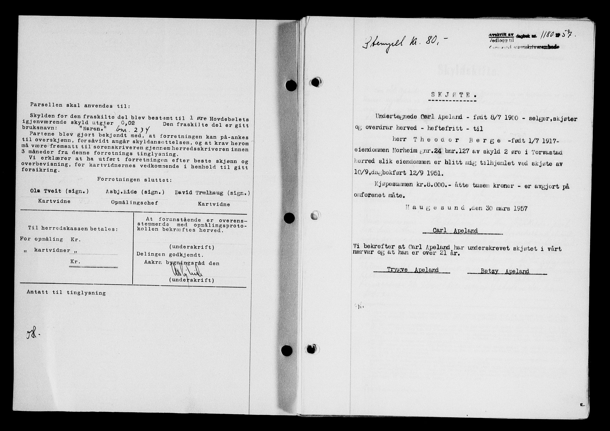 Karmsund sorenskriveri, SAST/A-100311/01/II/IIB/L0124: Pantebok nr. 104A, 1957-1957, Dagboknr: 1180/1957