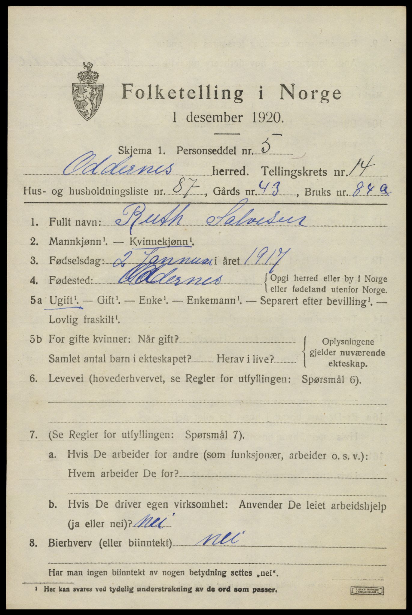SAK, Folketelling 1920 for 1012 Oddernes herred, 1920, s. 9629