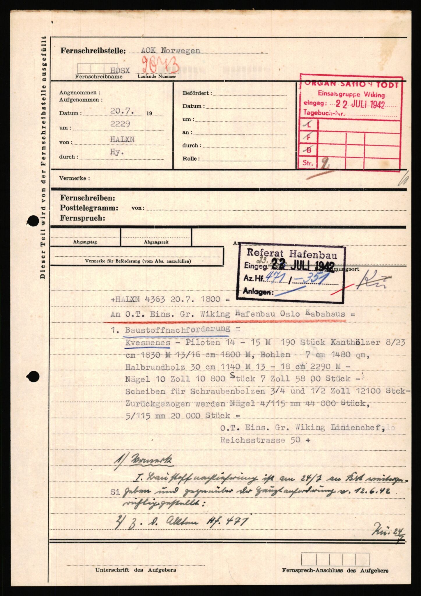 Tyske arkiver, Organisation Todt (OT), Einsatzgruppe Wiking, AV/RA-RAFA-2188/1/E/E6/E6c/L0007: Nachschub: Arkivkode 9451-9490, 1940-1945, s. 91