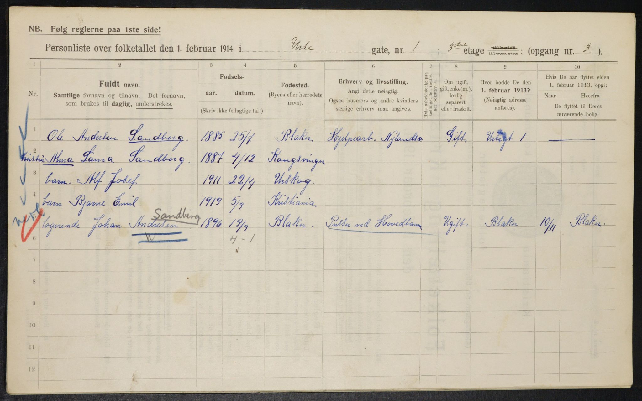 OBA, Kommunal folketelling 1.2.1914 for Kristiania, 1914, s. 121565