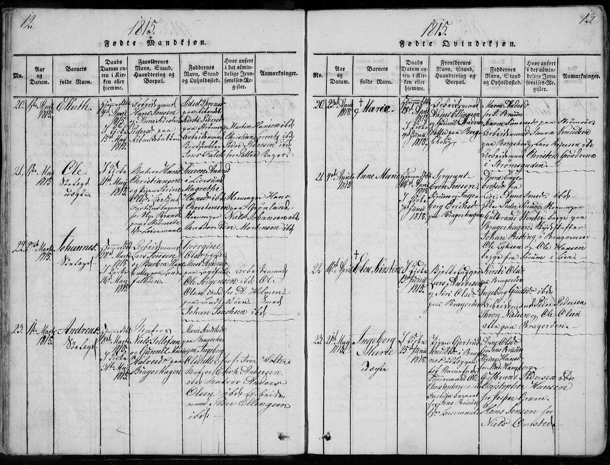 Bragernes kirkebøker, SAKO/A-6/F/Fa/L0007: Ministerialbok nr. I 7, 1815-1829, s. 12-13