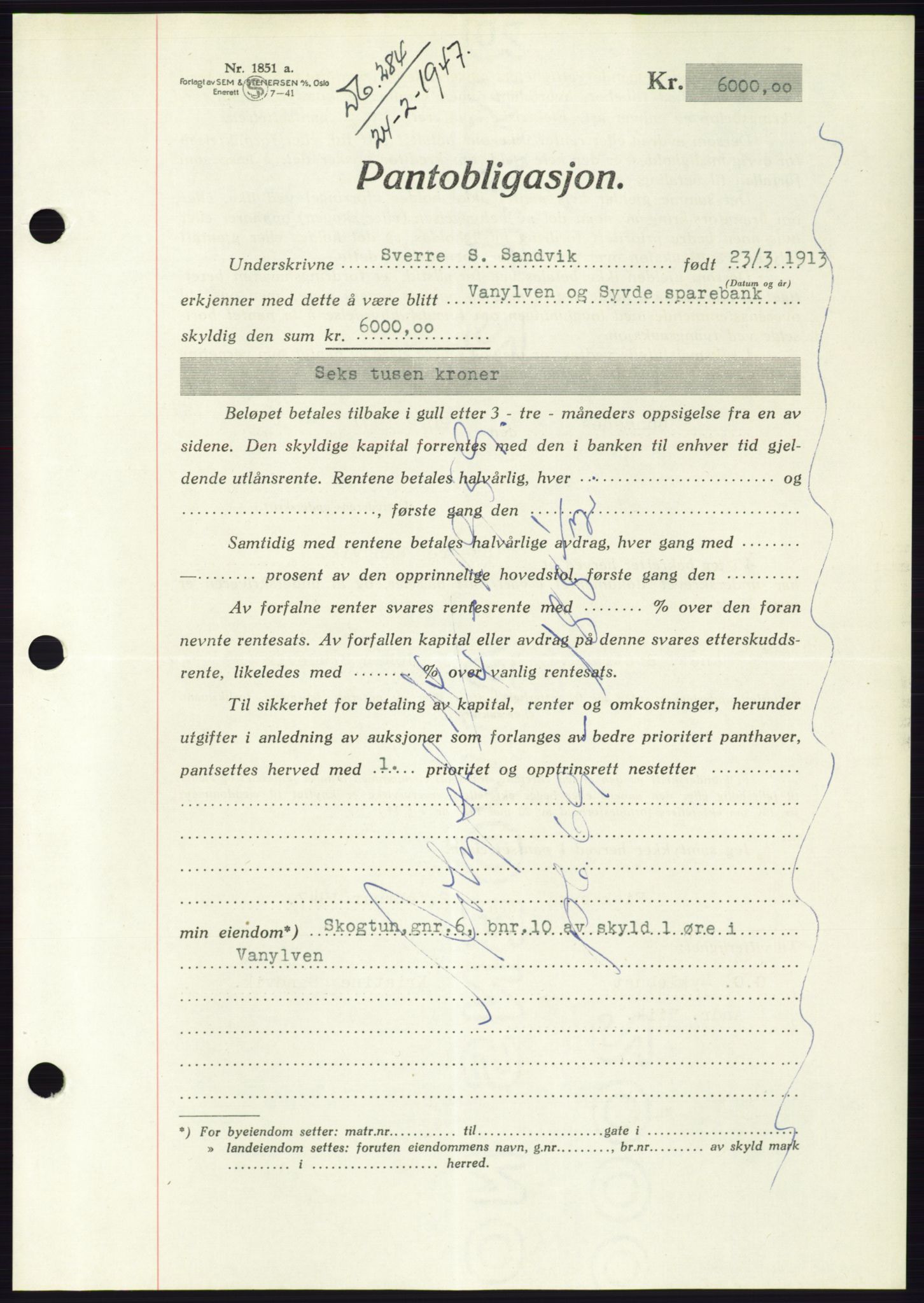 Søre Sunnmøre sorenskriveri, AV/SAT-A-4122/1/2/2C/L0114: Pantebok nr. 1-2B, 1943-1947, Dagboknr: 284/1947