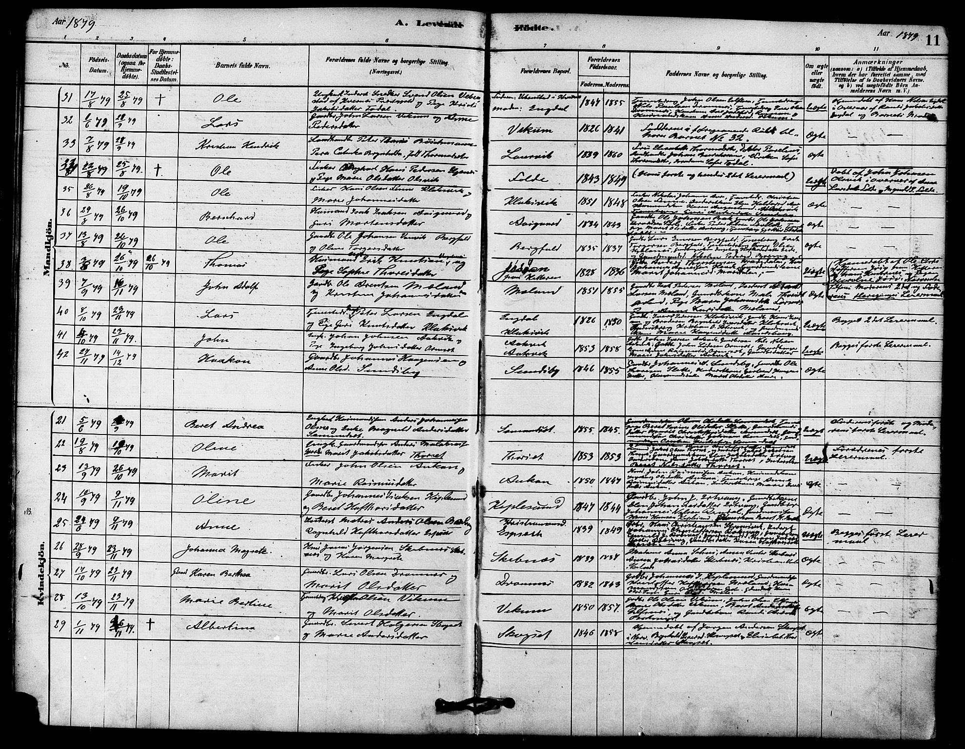 Ministerialprotokoller, klokkerbøker og fødselsregistre - Møre og Romsdal, AV/SAT-A-1454/578/L0906: Ministerialbok nr. 578A05, 1878-1886, s. 11