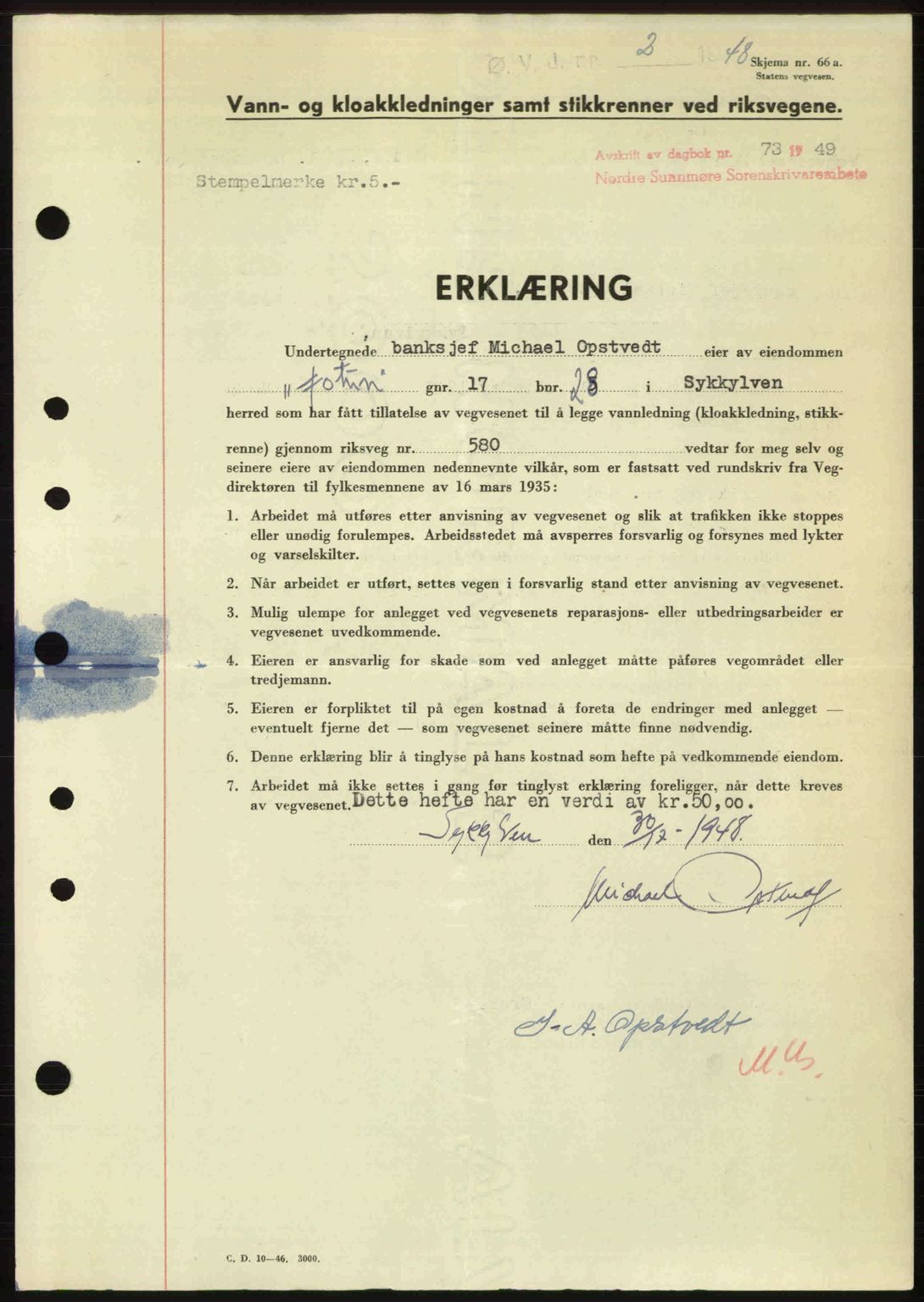 Nordre Sunnmøre sorenskriveri, AV/SAT-A-0006/1/2/2C/2Ca: Pantebok nr. A29, 1948-1949, Dagboknr: 73/1949