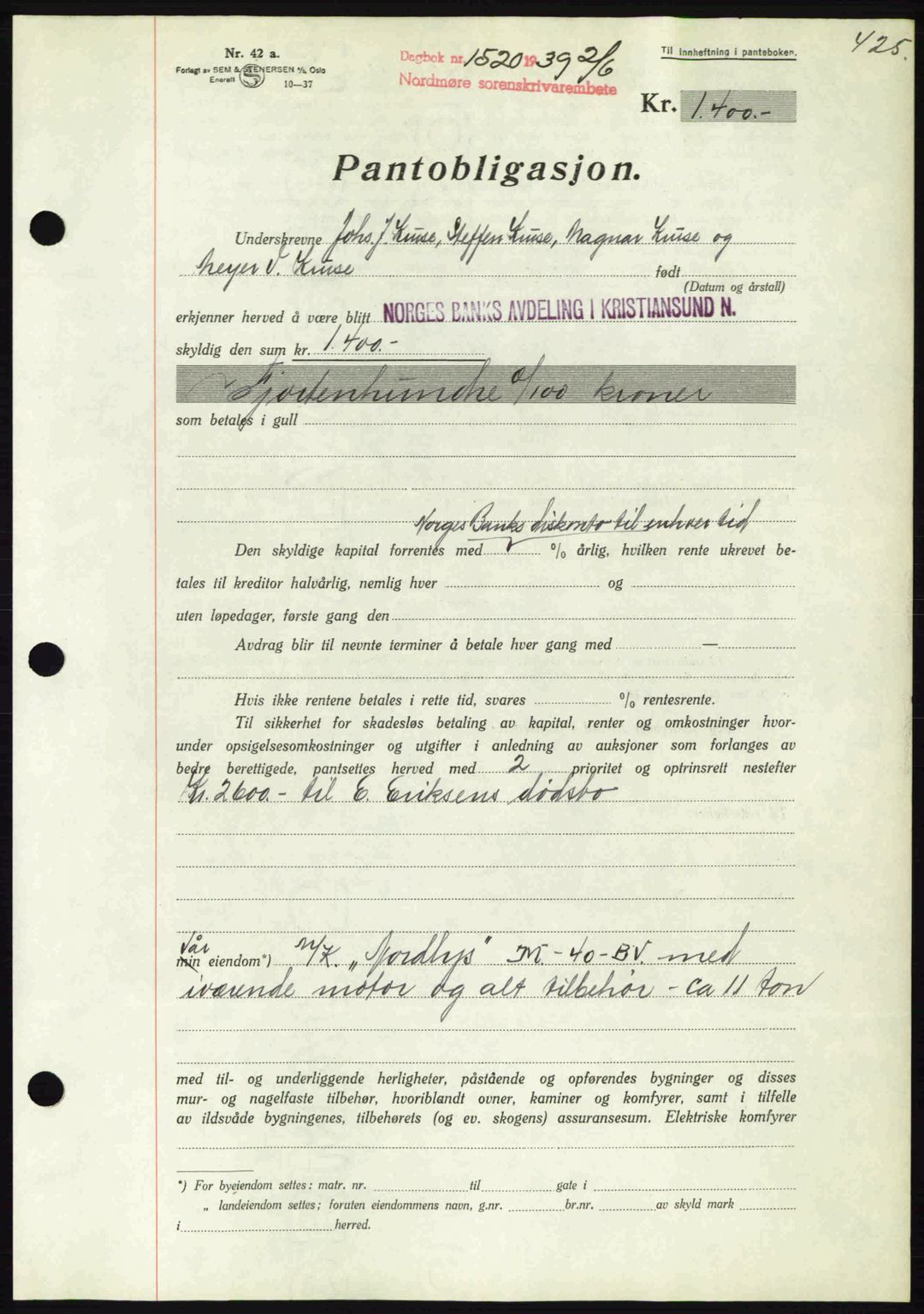 Nordmøre sorenskriveri, AV/SAT-A-4132/1/2/2Ca: Pantebok nr. B85, 1939-1939, Dagboknr: 1520/1939