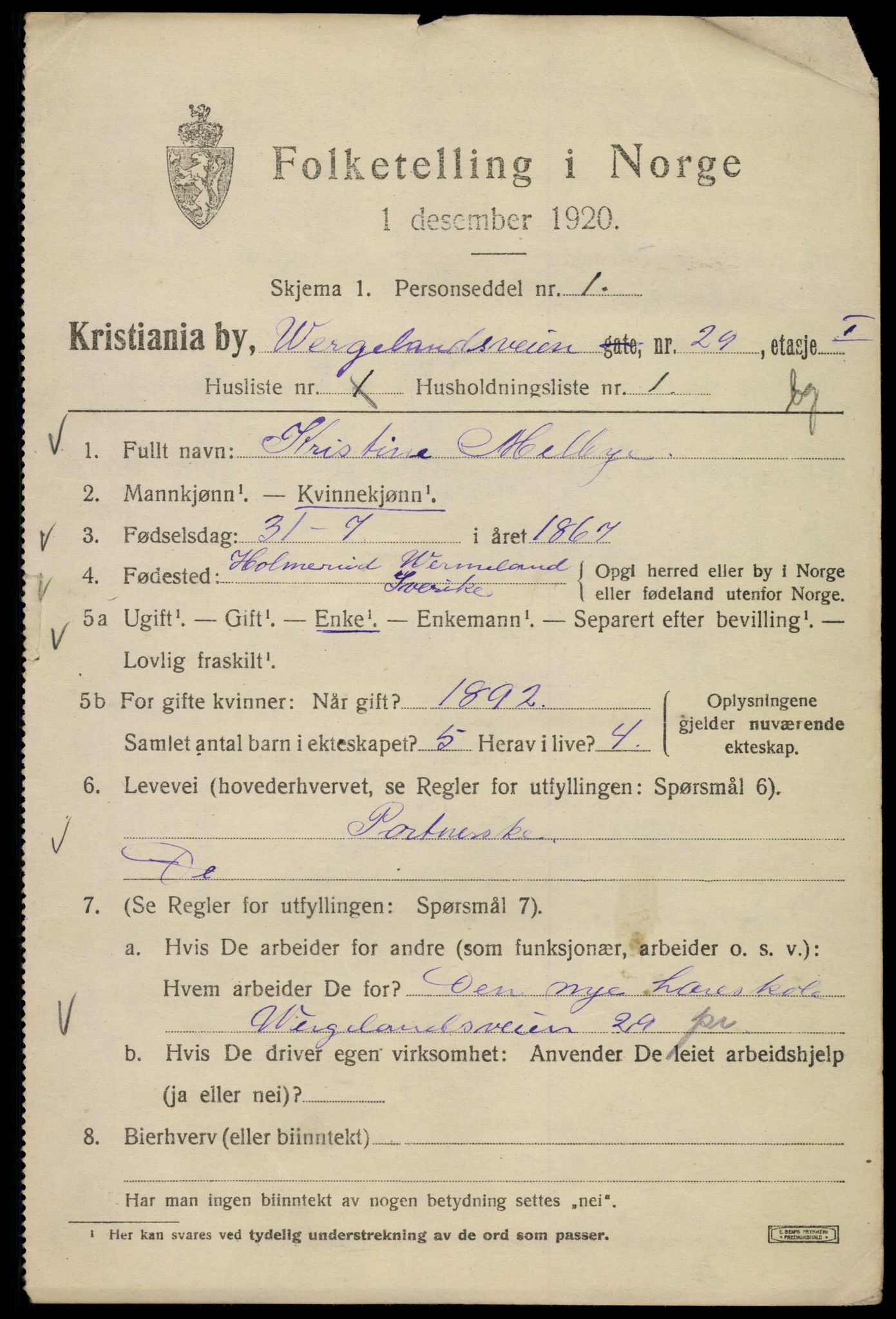 SAO, Folketelling 1920 for 0301 Kristiania kjøpstad, 1920, s. 651585