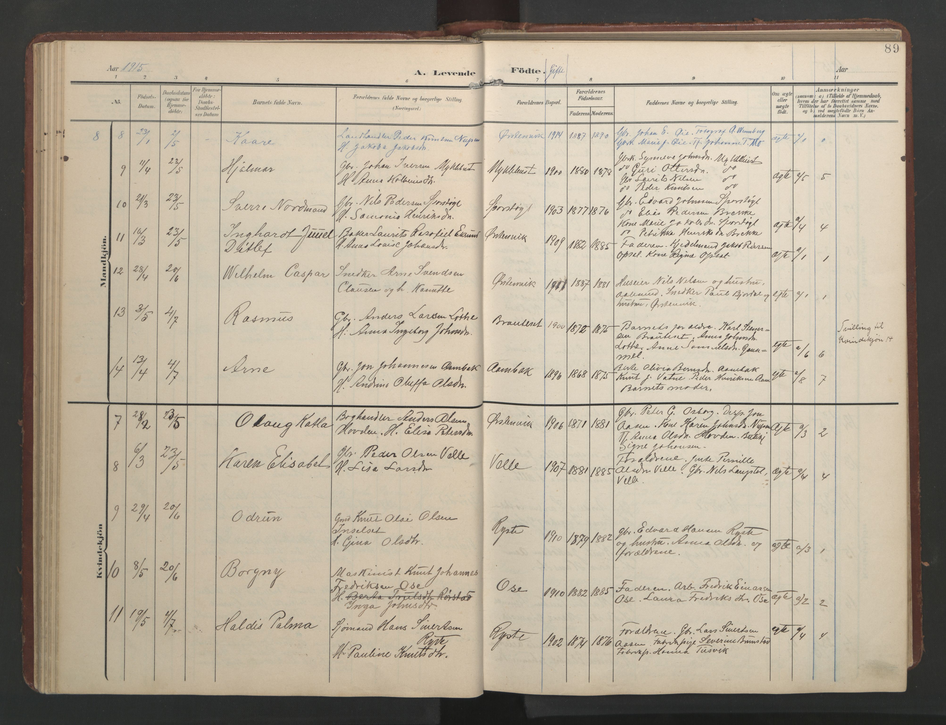 Ministerialprotokoller, klokkerbøker og fødselsregistre - Møre og Romsdal, AV/SAT-A-1454/513/L0190: Klokkerbok nr. 513C04, 1904-1926, s. 89