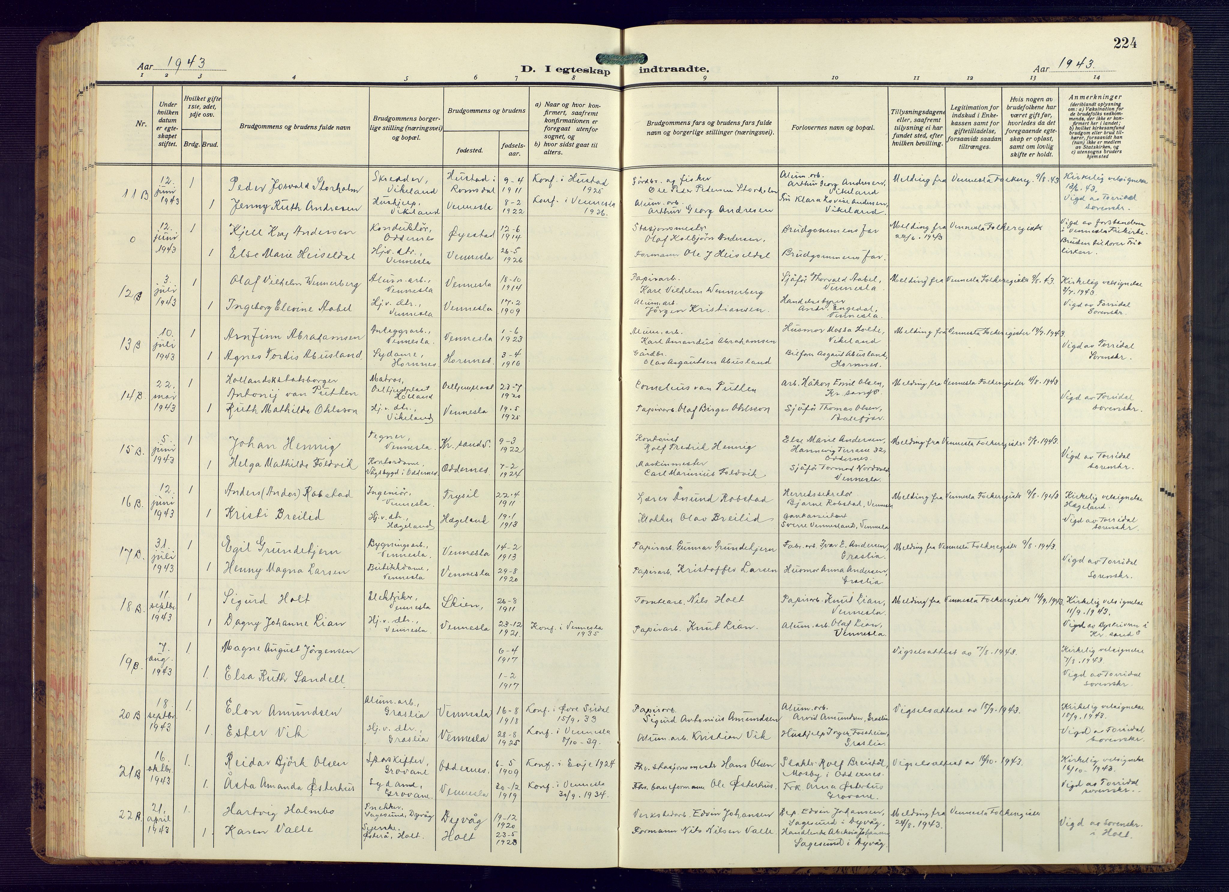 Vennesla sokneprestkontor, AV/SAK-1111-0045/Fb/Fbb/L0008: Klokkerbok nr. B 8, 1934-1947, s. 224