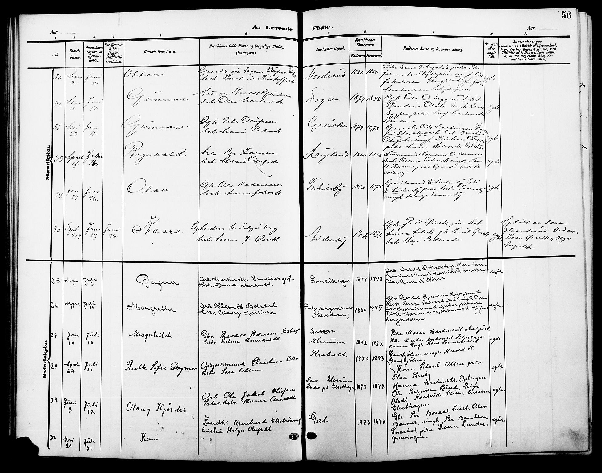 Våler prestekontor, Hedmark, AV/SAH-PREST-040/H/Ha/Hab/L0002: Klokkerbok nr. 2, 1905-1915, s. 56