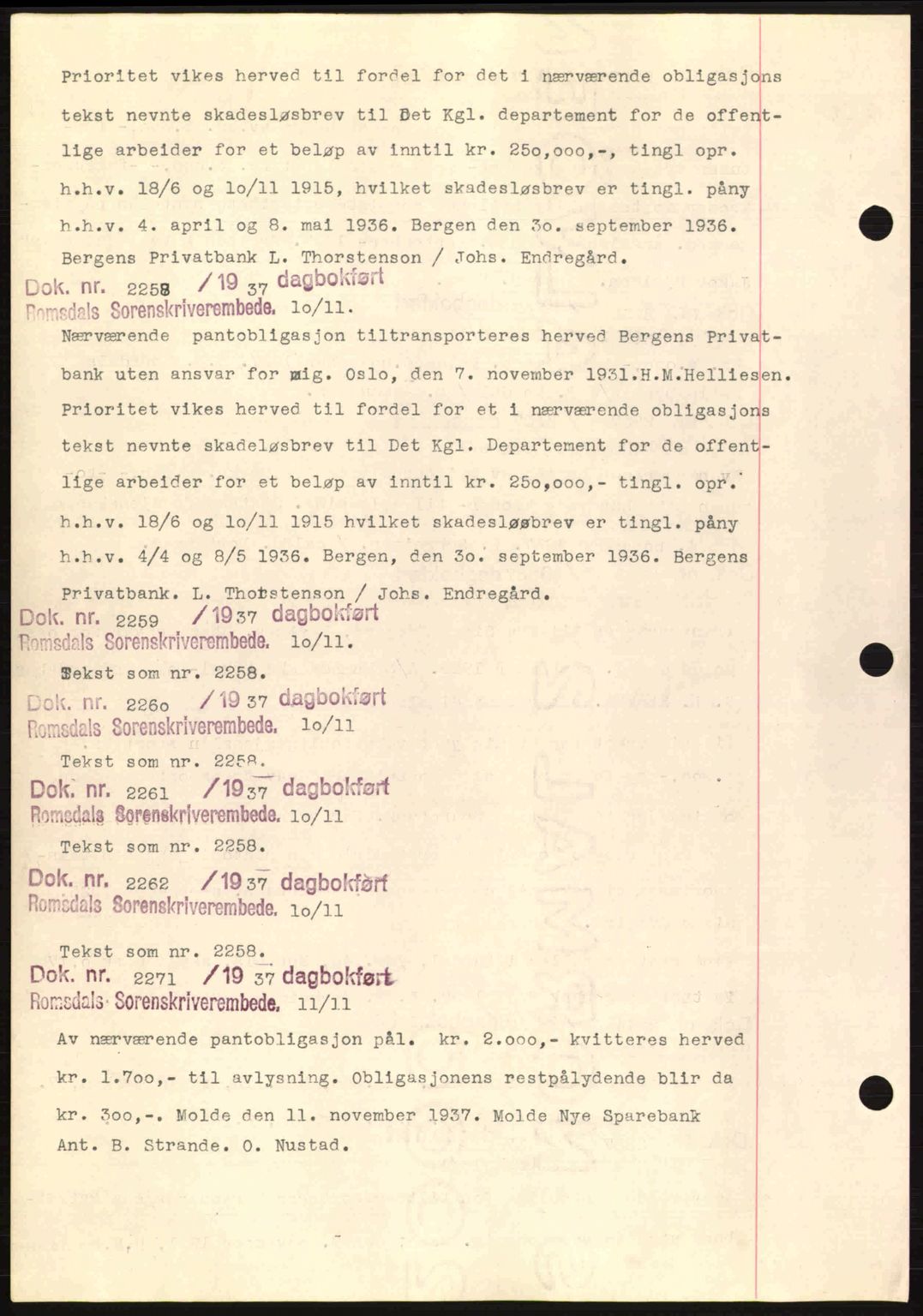 Romsdal sorenskriveri, AV/SAT-A-4149/1/2/2C: Pantebok nr. C1a, 1936-1945, Dagboknr: 2258/1937