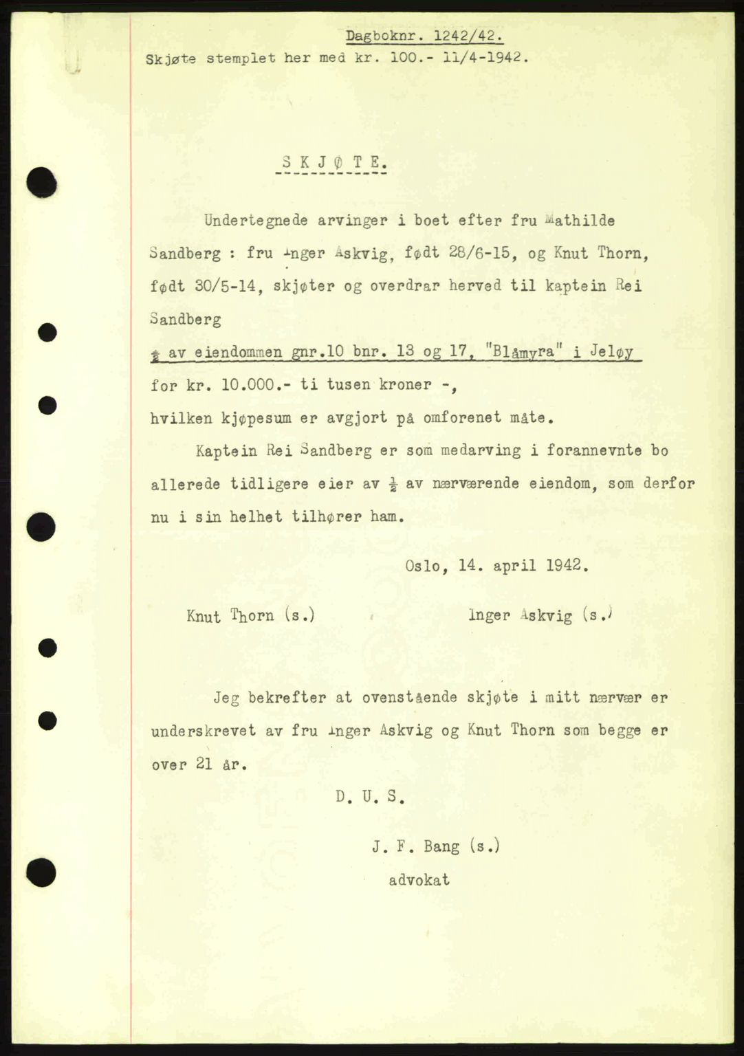 Moss sorenskriveri, SAO/A-10168: Pantebok nr. A9, 1941-1942, Dagboknr: 1242/1942
