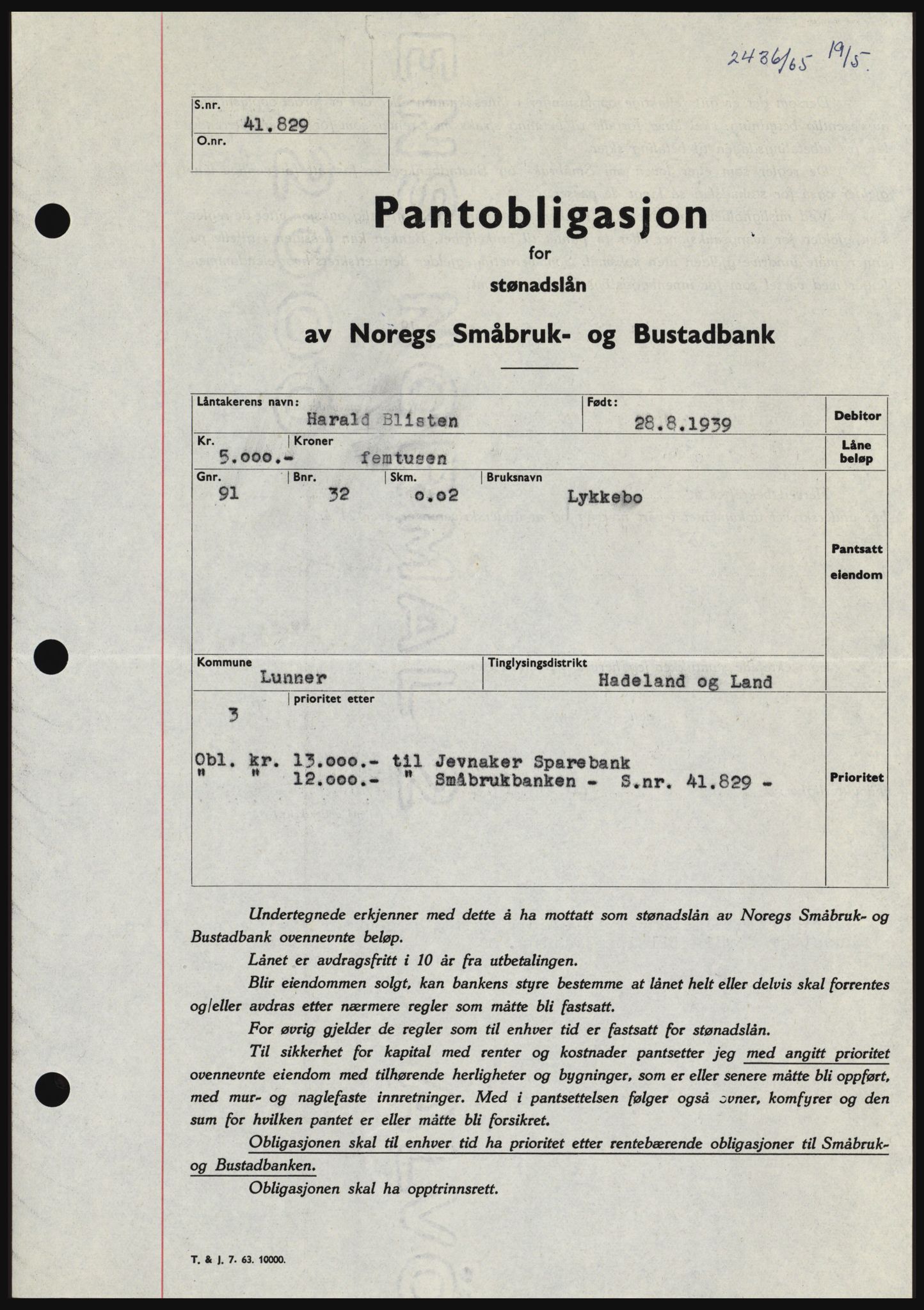 Hadeland og Land tingrett, SAH/TING-010/H/Hb/Hbc/L0058: Pantebok nr. B58, 1965-1965, Dagboknr: 2436/1965