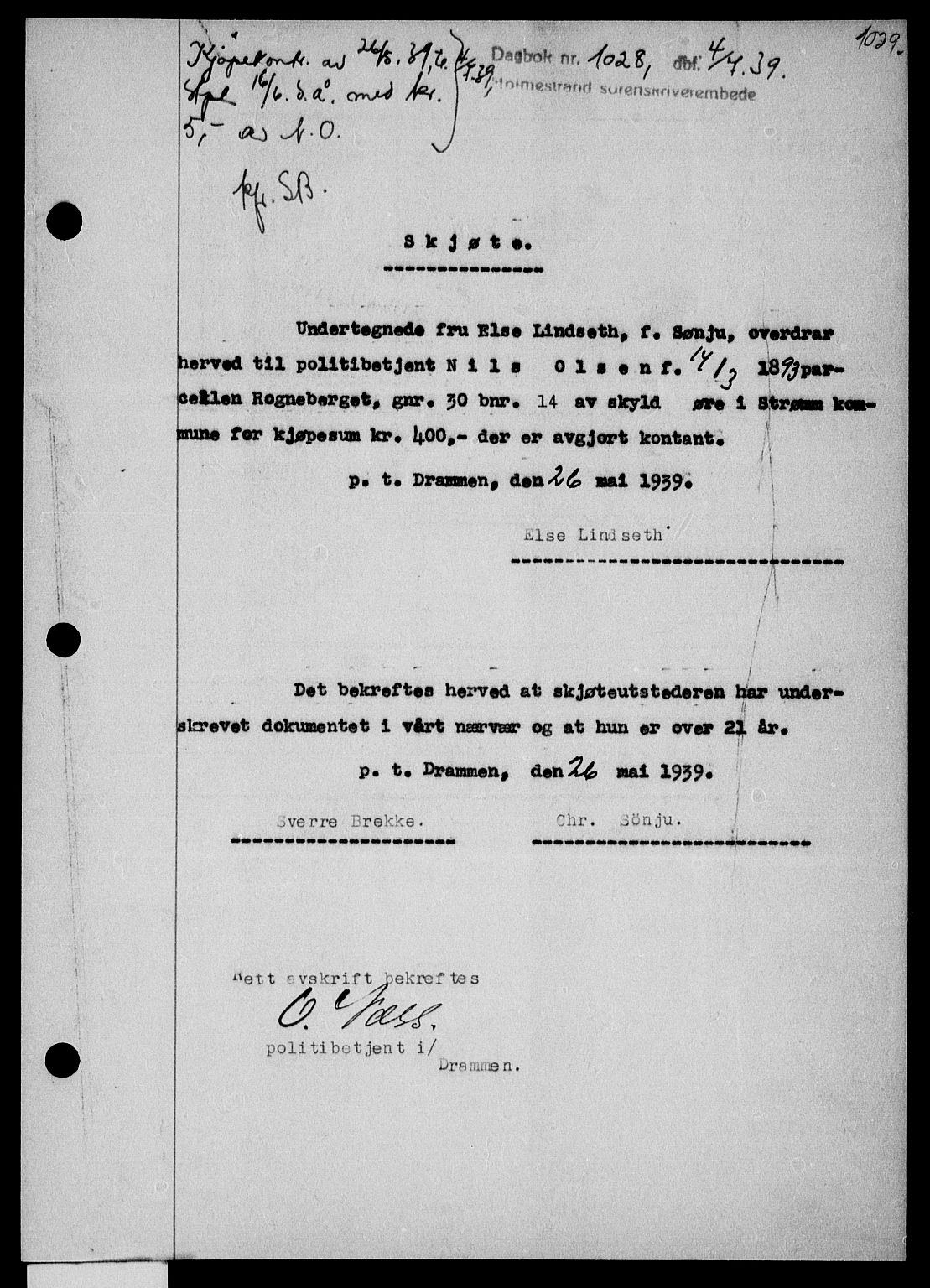 Holmestrand sorenskriveri, SAKO/A-67/G/Ga/Gaa/L0050: Pantebok nr. A-50, 1938-1939, Dagboknr: 1028/1939