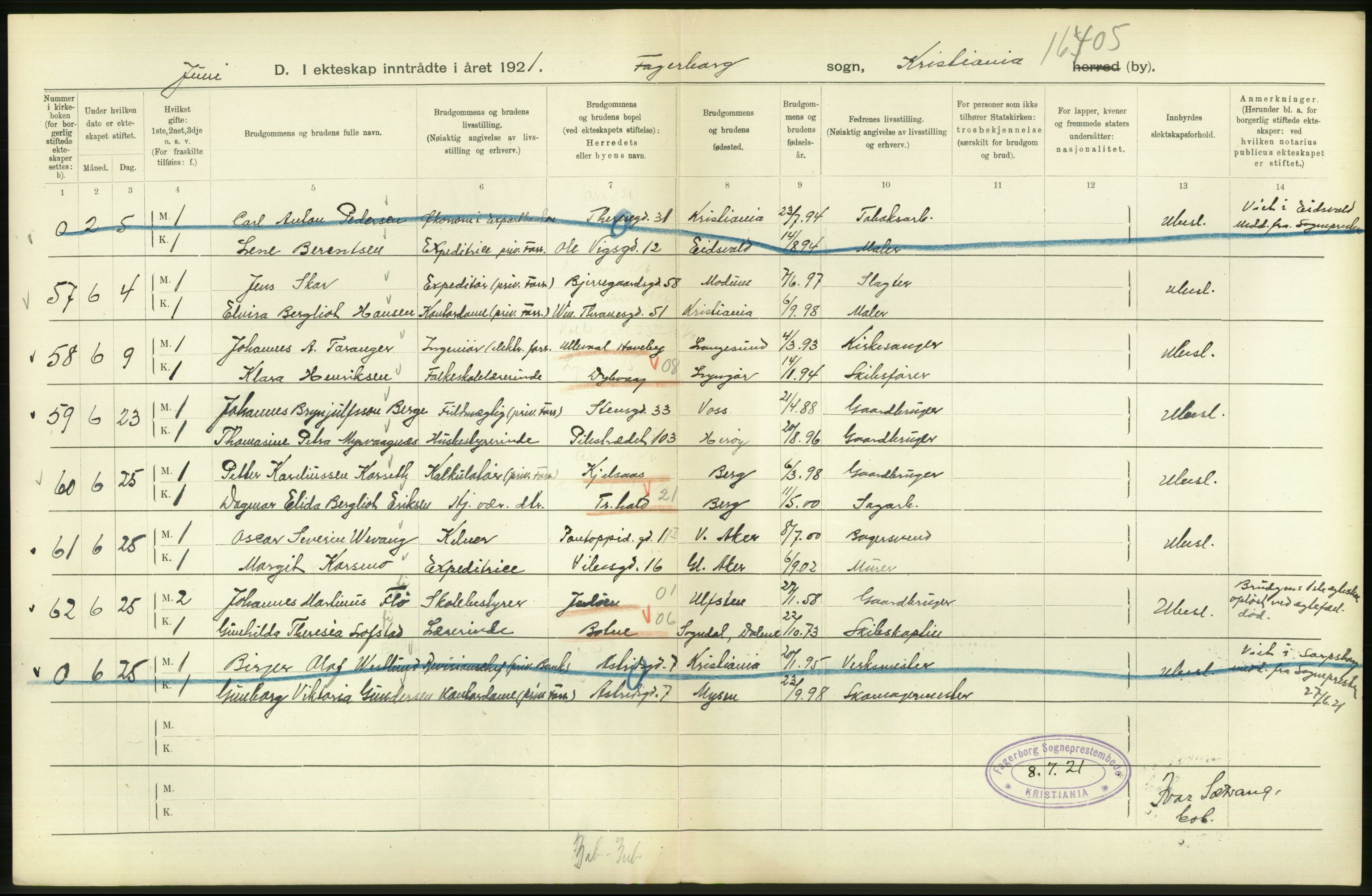 Statistisk sentralbyrå, Sosiodemografiske emner, Befolkning, AV/RA-S-2228/D/Df/Dfc/Dfca/L0011: Kristiania: Gifte, 1921, s. 274