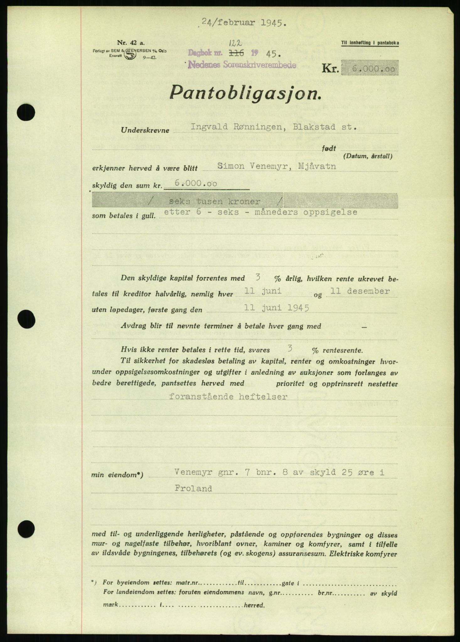 Nedenes sorenskriveri, SAK/1221-0006/G/Gb/Gbb/L0002: Pantebok nr. II, 1942-1945, Dagboknr: 122/1945