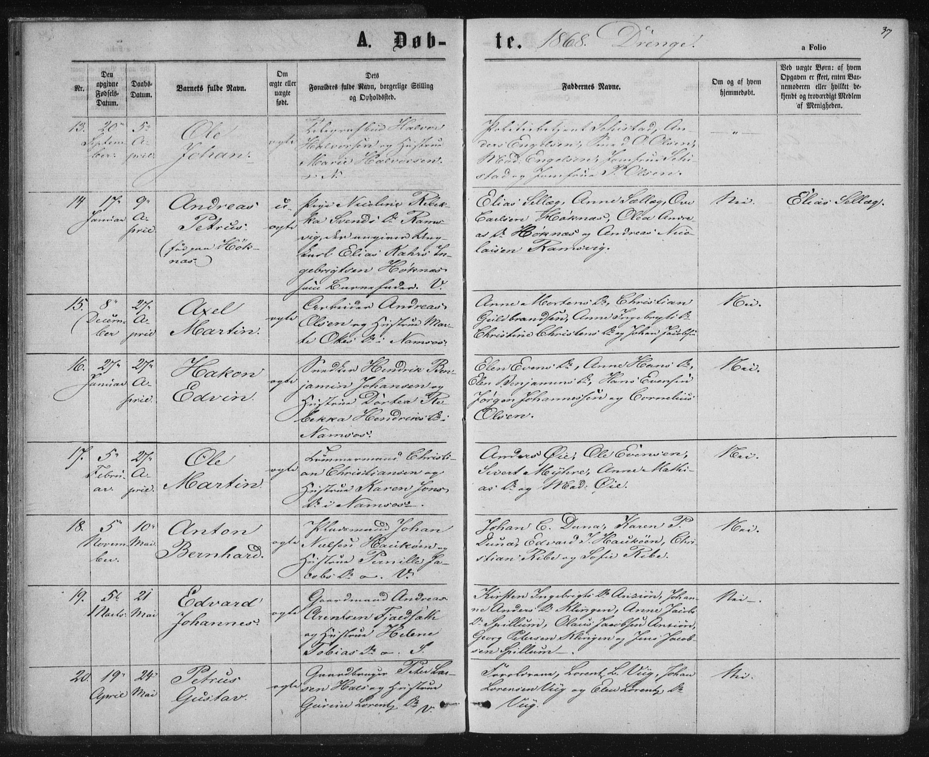 Ministerialprotokoller, klokkerbøker og fødselsregistre - Nord-Trøndelag, SAT/A-1458/768/L0570: Ministerialbok nr. 768A05, 1865-1874, s. 37
