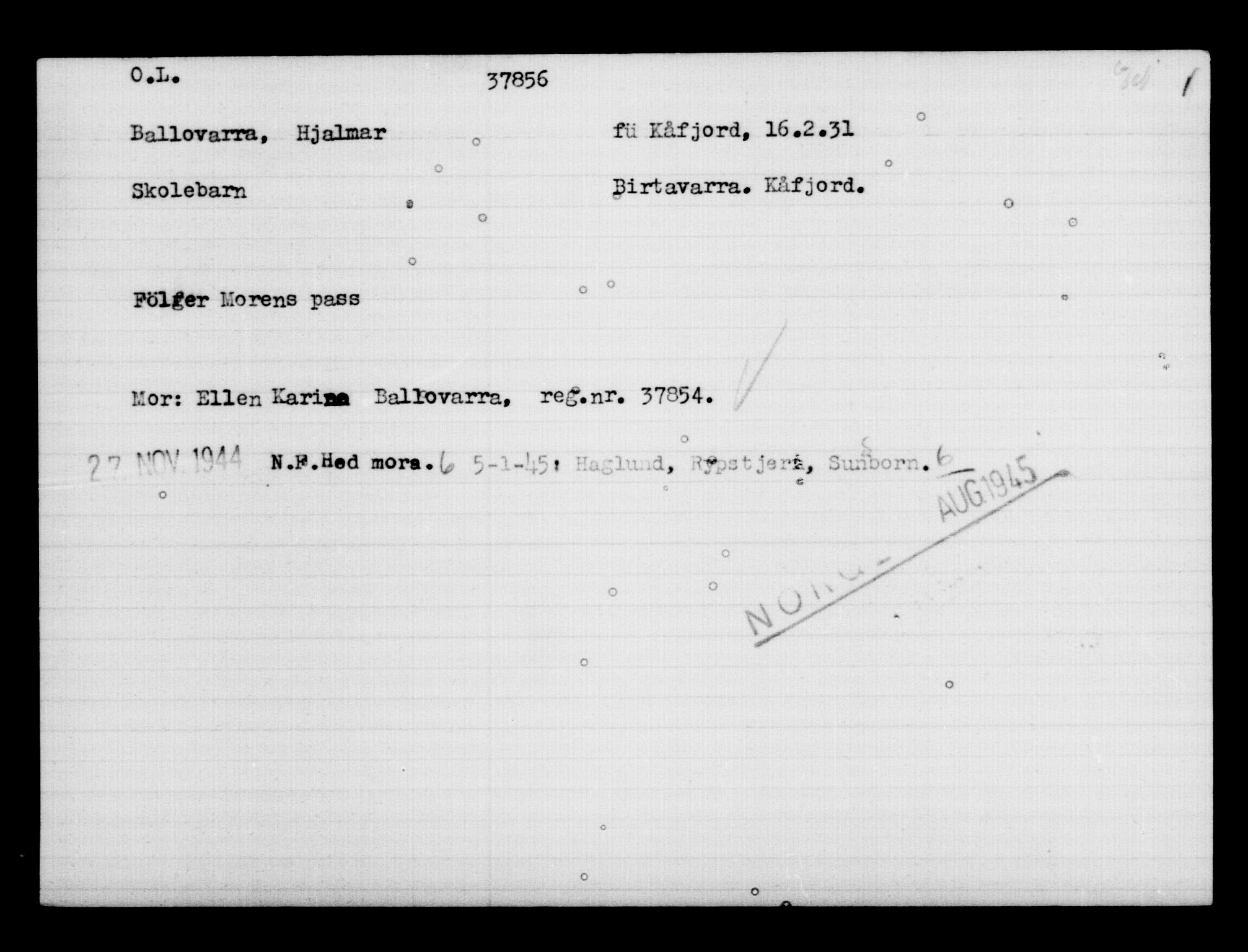 Utenriksstasjonene, Legasjonen i Stockholm, Flyktningkontoret, AV/RA-S-6753/V/Va/L0015: Kjesäterkartoteket, flyktninger med registreringsnr. 37800-40770, 1940-1945, s. 58