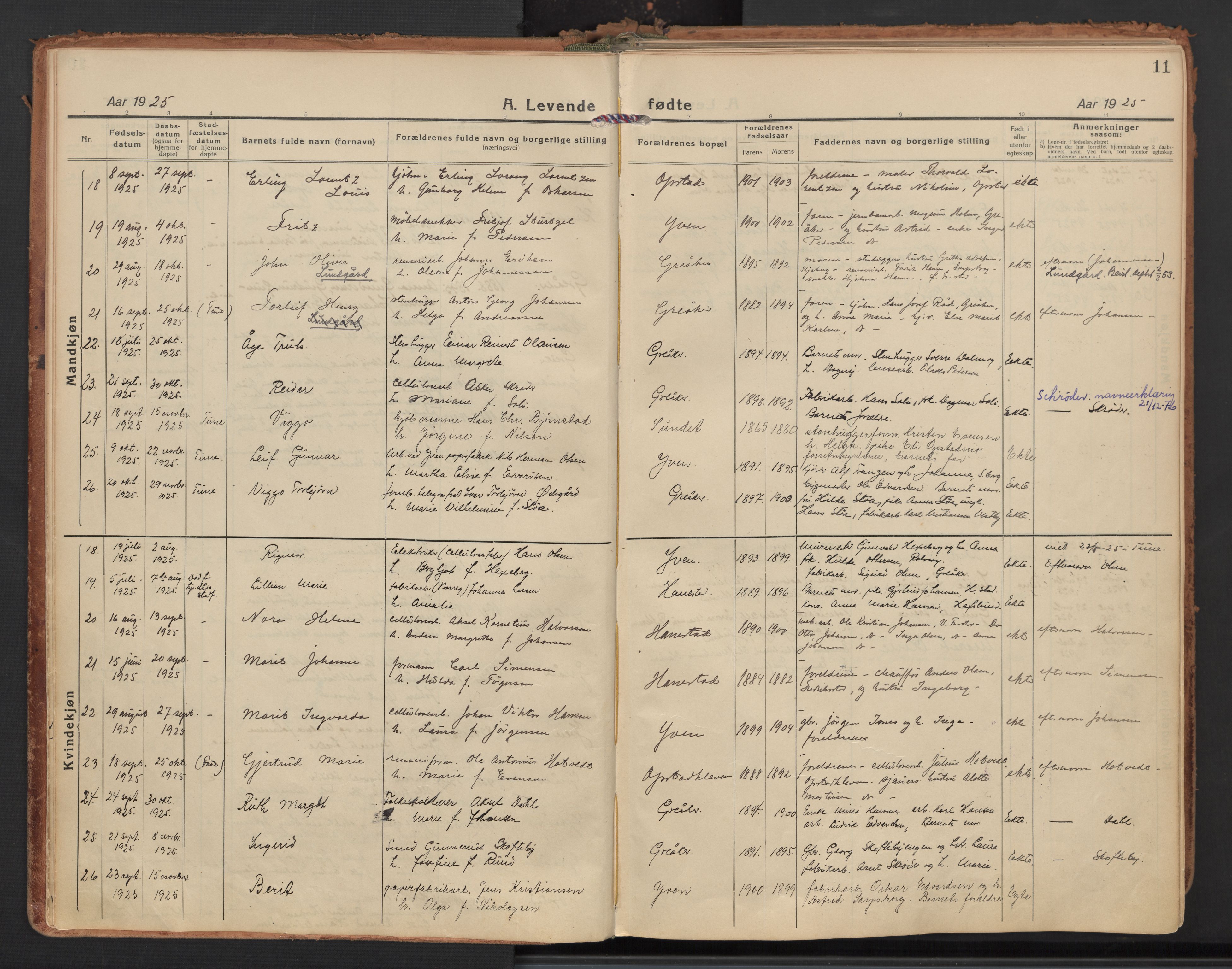 Tune prestekontor Kirkebøker, AV/SAO-A-2007/F/Fb/L0002: Residerende kapellans bok nr. 2, 1923-1940, s. 11