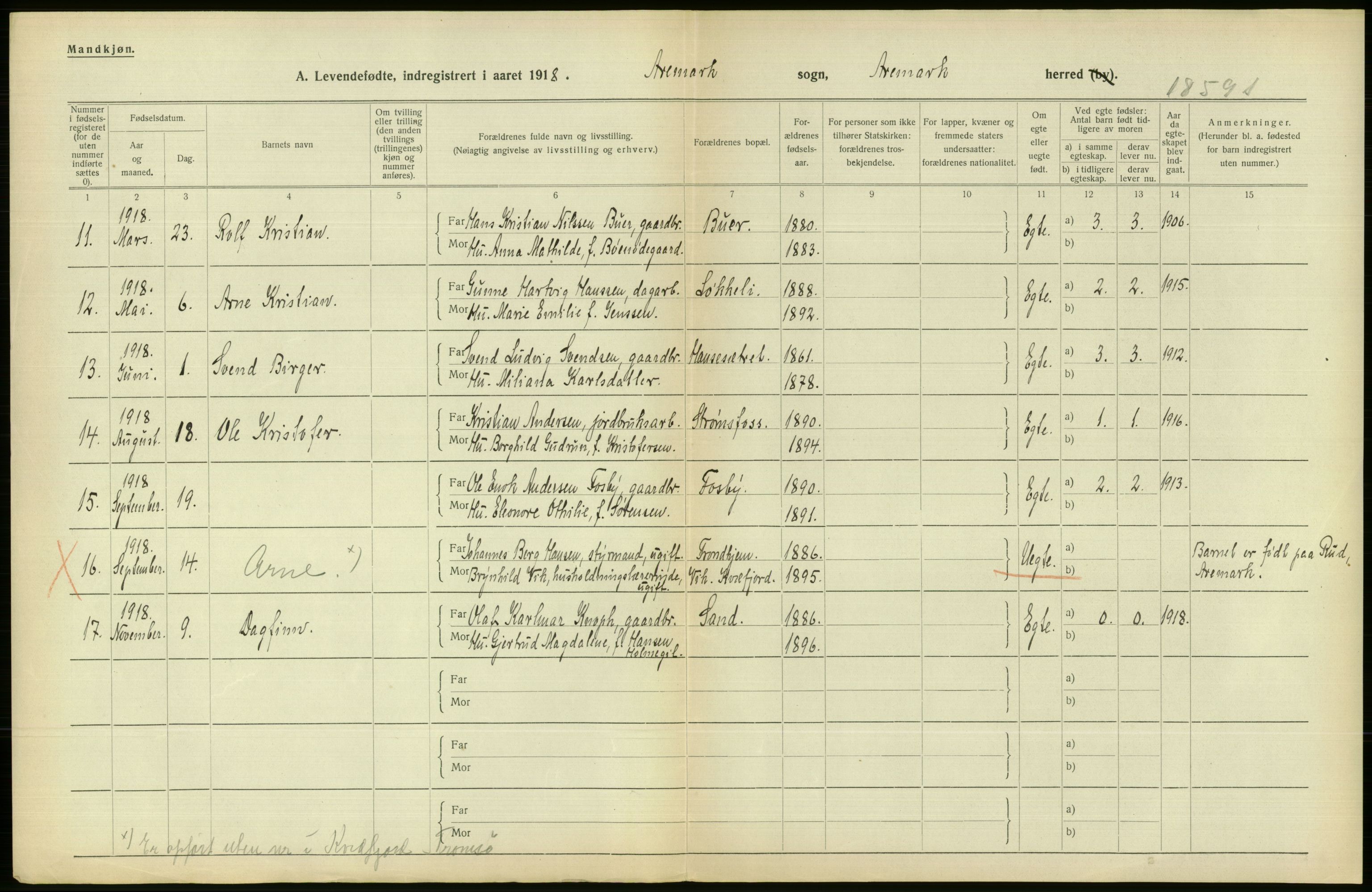 Statistisk sentralbyrå, Sosiodemografiske emner, Befolkning, RA/S-2228/D/Df/Dfb/Dfbh/L0001: Østfold fylke: Levendefødte menn og kvinner. Bygder., 1918, s. 228