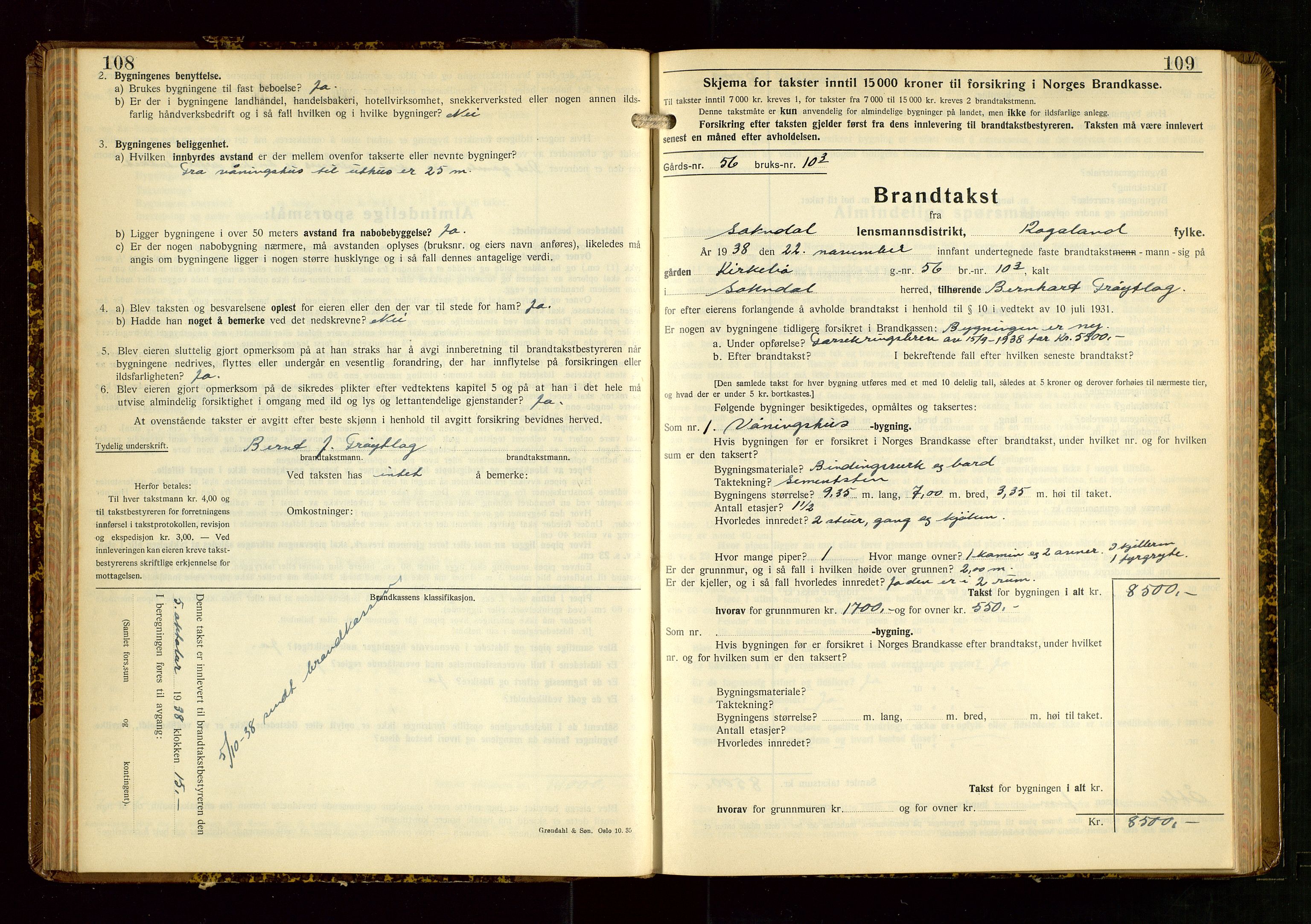 Sokndal lensmannskontor, AV/SAST-A-100417/Gob/L0008: "Brandtakst-Protokoll", 1937-1955, s. 108-109