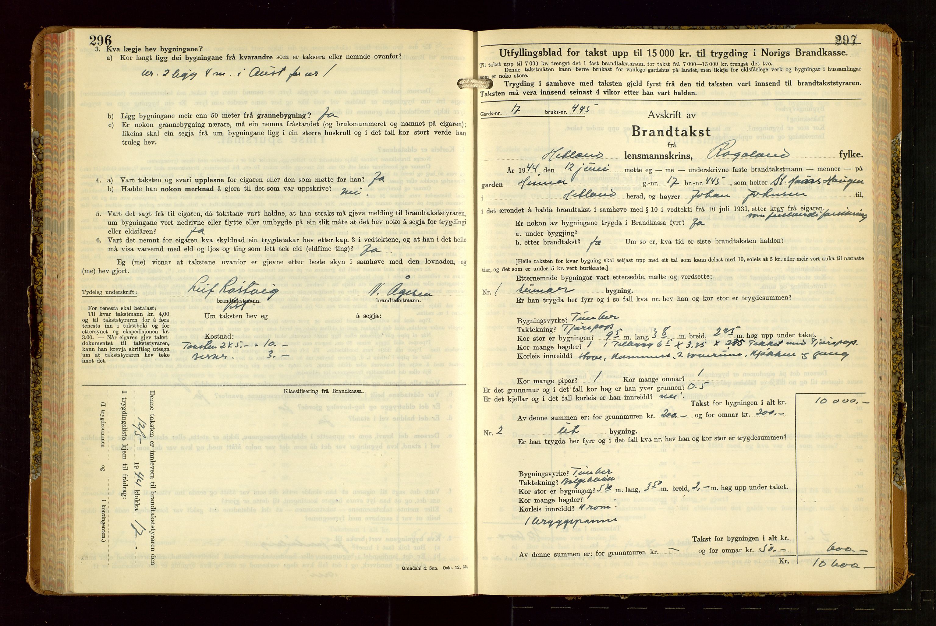 Hetland lensmannskontor, AV/SAST-A-100101/Gob/L0007: "Brandtakstbok", 1939-1949, s. 296-297