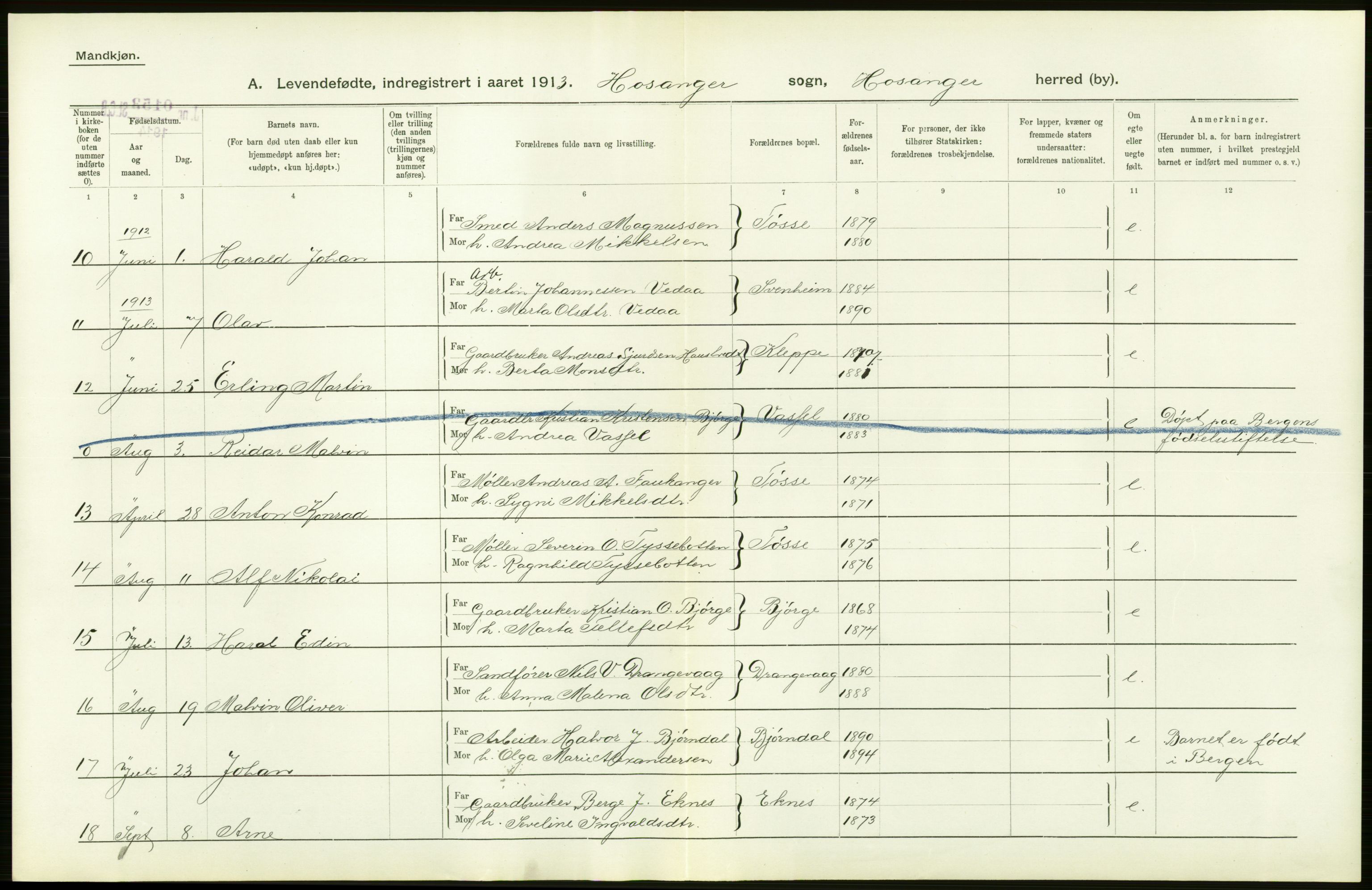 Statistisk sentralbyrå, Sosiodemografiske emner, Befolkning, RA/S-2228/D/Df/Dfb/Dfbc/L0028: S. Bergenhus amt: Levendefødte menn og kvinner. Bygder., 1913